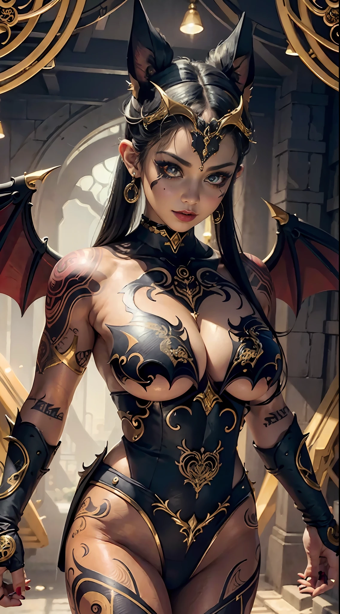 (masterpiece), top quality, expressive eyes, perfect face, smooth skin, tribal tattoo, bat girl, bat wings, punk style, super plump boobs, tight overalls, tight gold and red gradation armor, 8k_wallpaper, eye detail, body detail, finger detail, (digital artwork), (manga illustration detail), (line art detail), ((perfect)) anatomy, best hand)), (fine detail:1.3), (height detail:1 ,3), ( illustration :1 , 3 ), (sharp focus:1,3), (natural light:1,05), (light color:1,3), magical cave background,