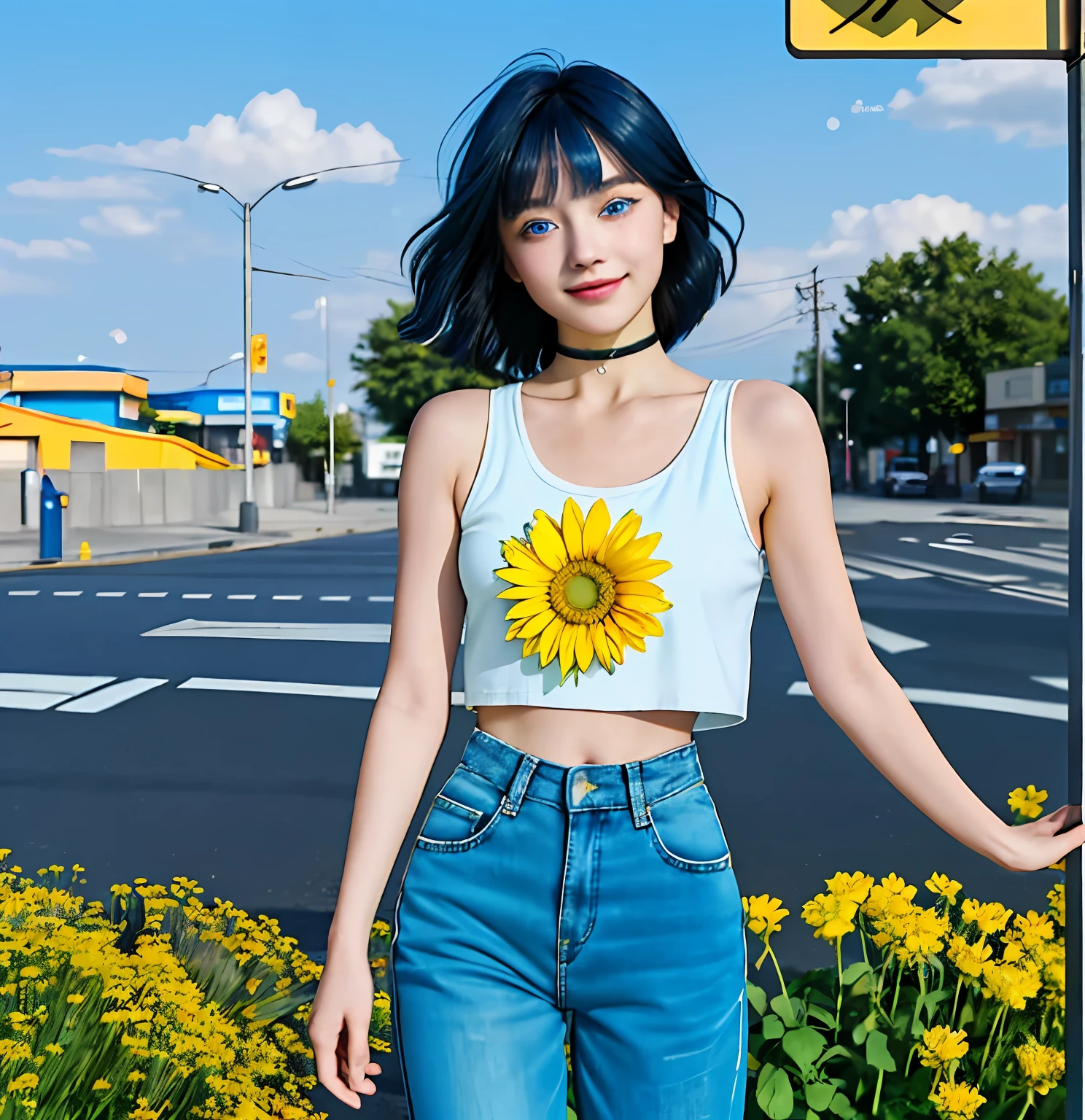 (high-quality, breathtaking),(expressive eyes, perfect face), short, young girl, long dark blue hair, ((blue eyes)), light smile, white crop top, long black pants, choker, urban setting, blue sky, shine, glow, yellow flowers, blunt bangs, himawari uzumaki, long hair, detailed photo, detailed eyes
