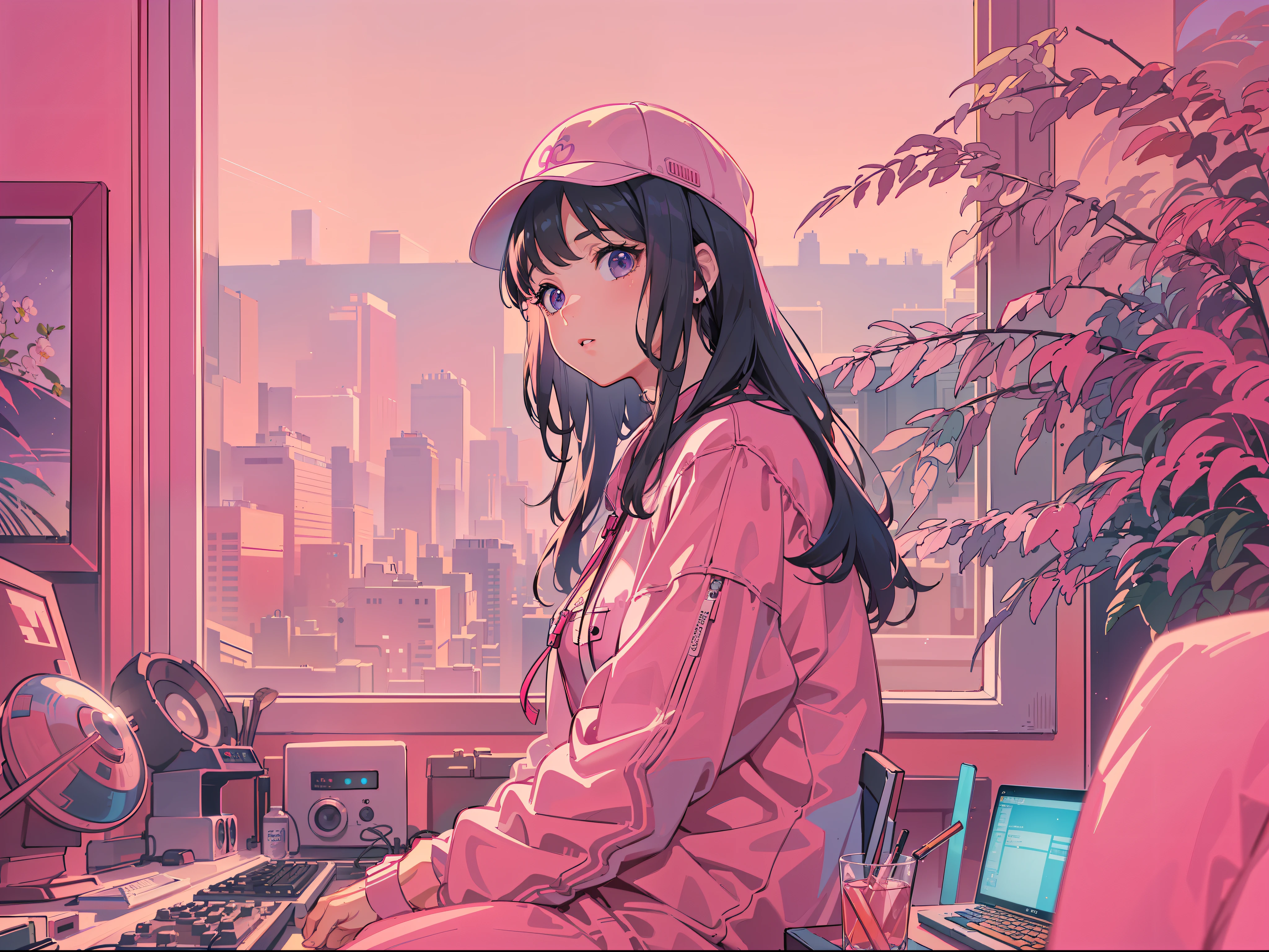 ((Best Quality, 8K, Masterpiece: 1.3)),((Amazing detail: 1.2)),((illustration: 1.1)),vaporwave,pink,dreamy,lofi style,distort,computer,film grain,