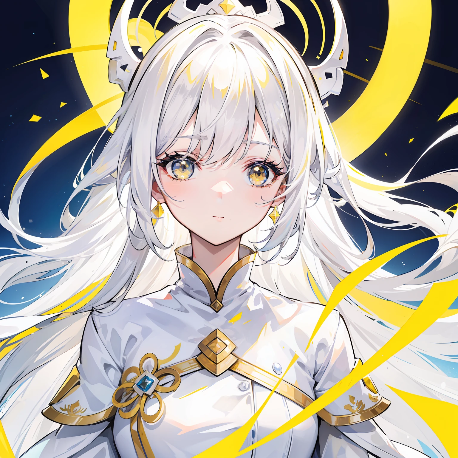 Yellow-white hair covered her long face like a helmet,Make his long face look like a small face,Lovely white clothes that go well with various shades of yellow,There is a delicate makeup,Shiny face,It feels like a sweet girl
