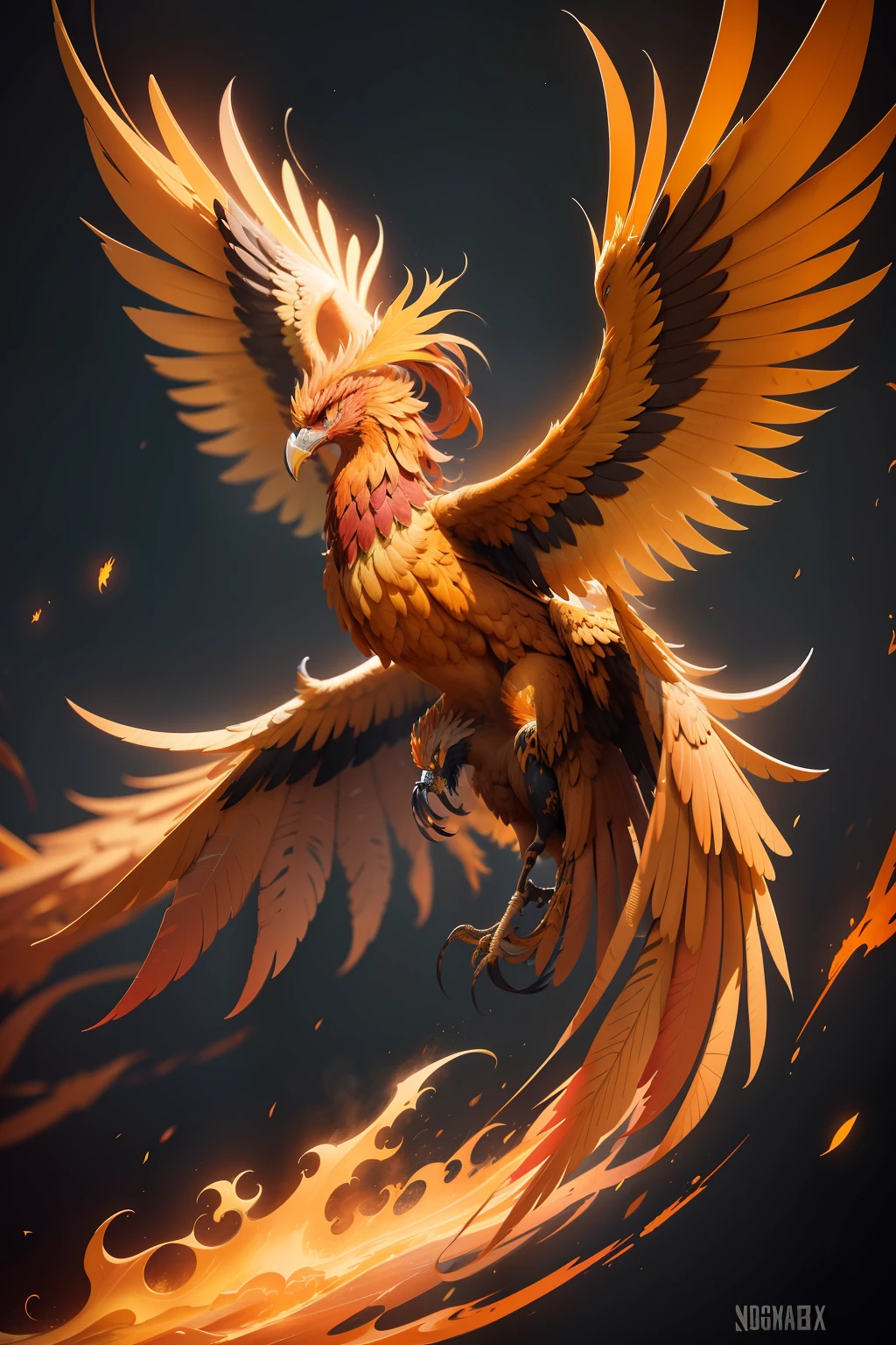 Create a phoenix with its wings spread, nas cores amarelo, laranja, preto e vermelho e fundo preto,