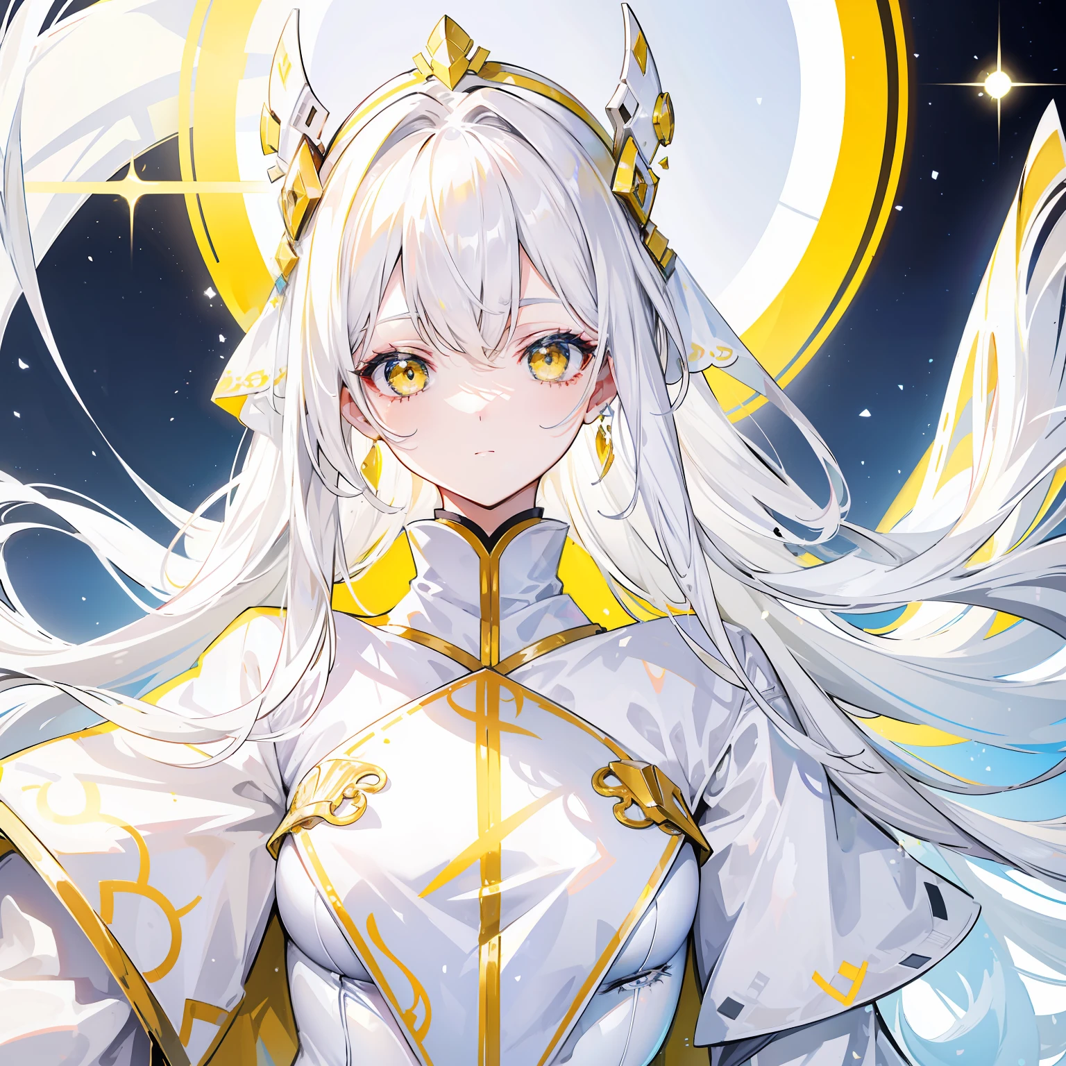 Yellow-white hair covered her long face like a helmet,Make his long face look like a small face,Lovely white clothes that go well with various shades of yellow,There is a delicate makeup,Shiny face,It feels like a sweet girl