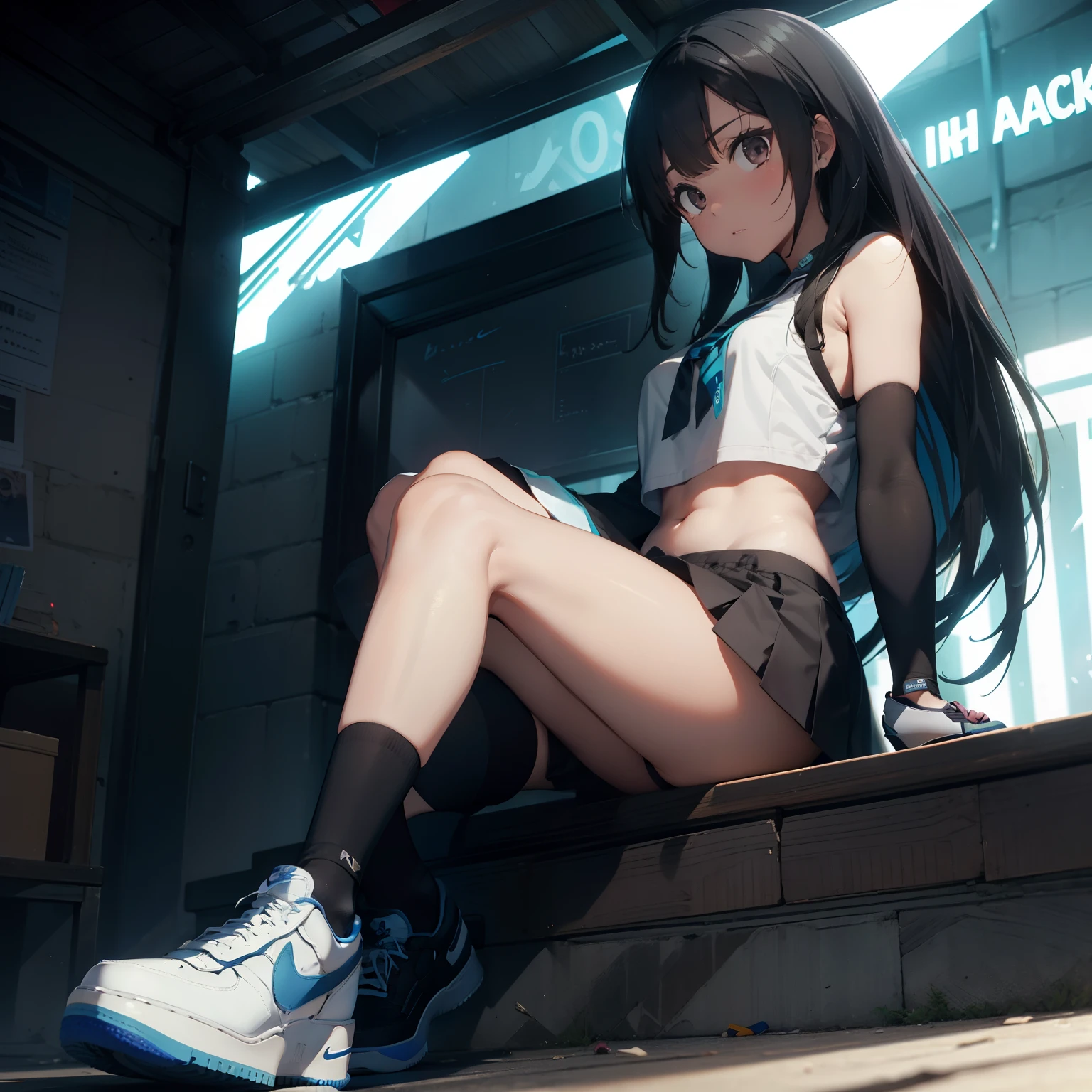 seorang anak sekolah sma yang pemalas, mengunakan cekana robek dan sepatu nike air force one, berambut 2 warna hitam dan biru neon