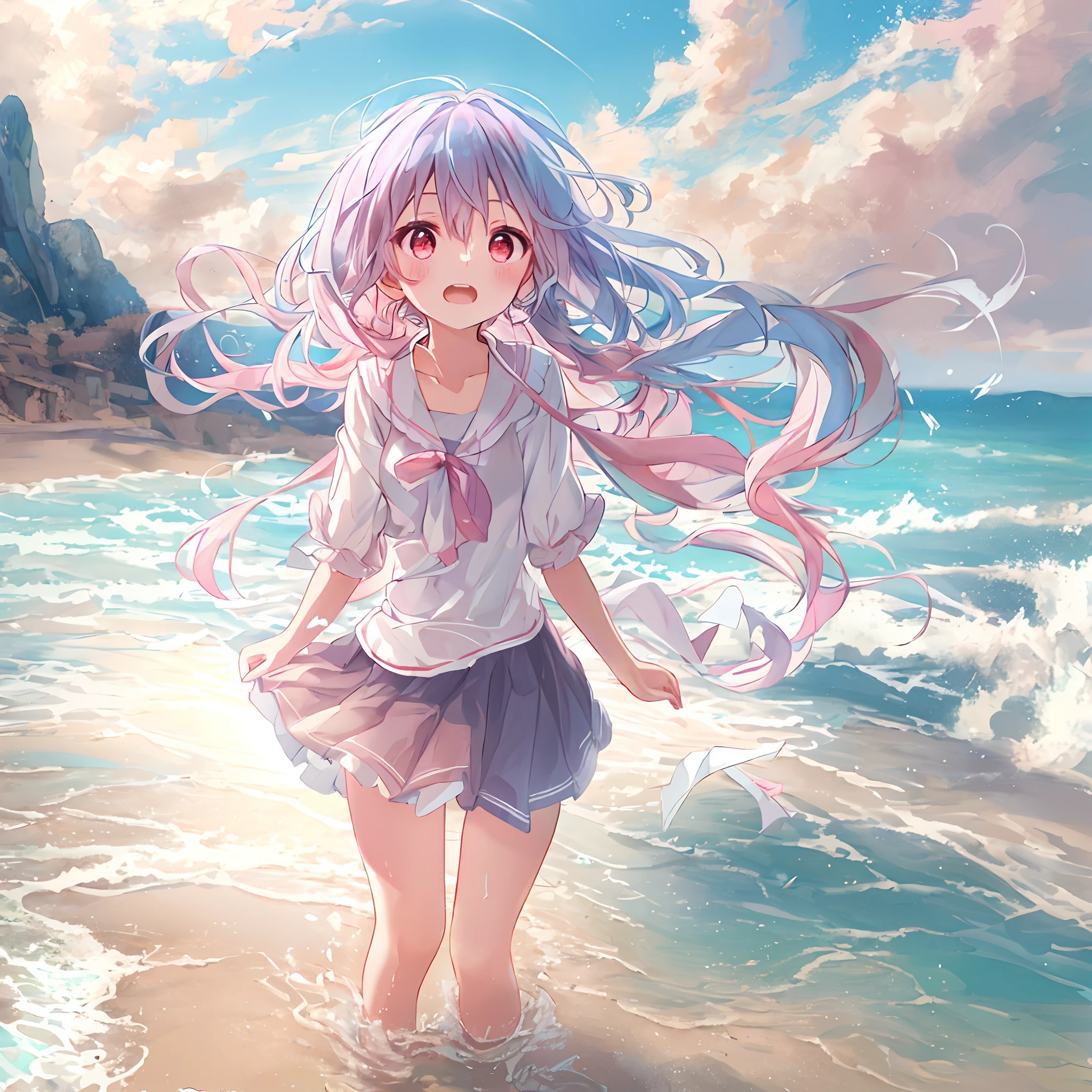 absurderes, hight resolution, (Anime style:1.1), ((masutepiece)), ((Best Quality)), (Ultra-detailed), (Beautiful), 独奏, Beautiful face、(liftup),Cute girl standing on beautiful beach in Mediterranean Sea,Wind,Pink hair, Fine red eyes,Blue sky,Looking at Viewer,Lens Flare,Dramatic, Beautiful sandy beach、(full body Esbian)、low angles、Skirt soars in the wind、embarassed face、Cute dress