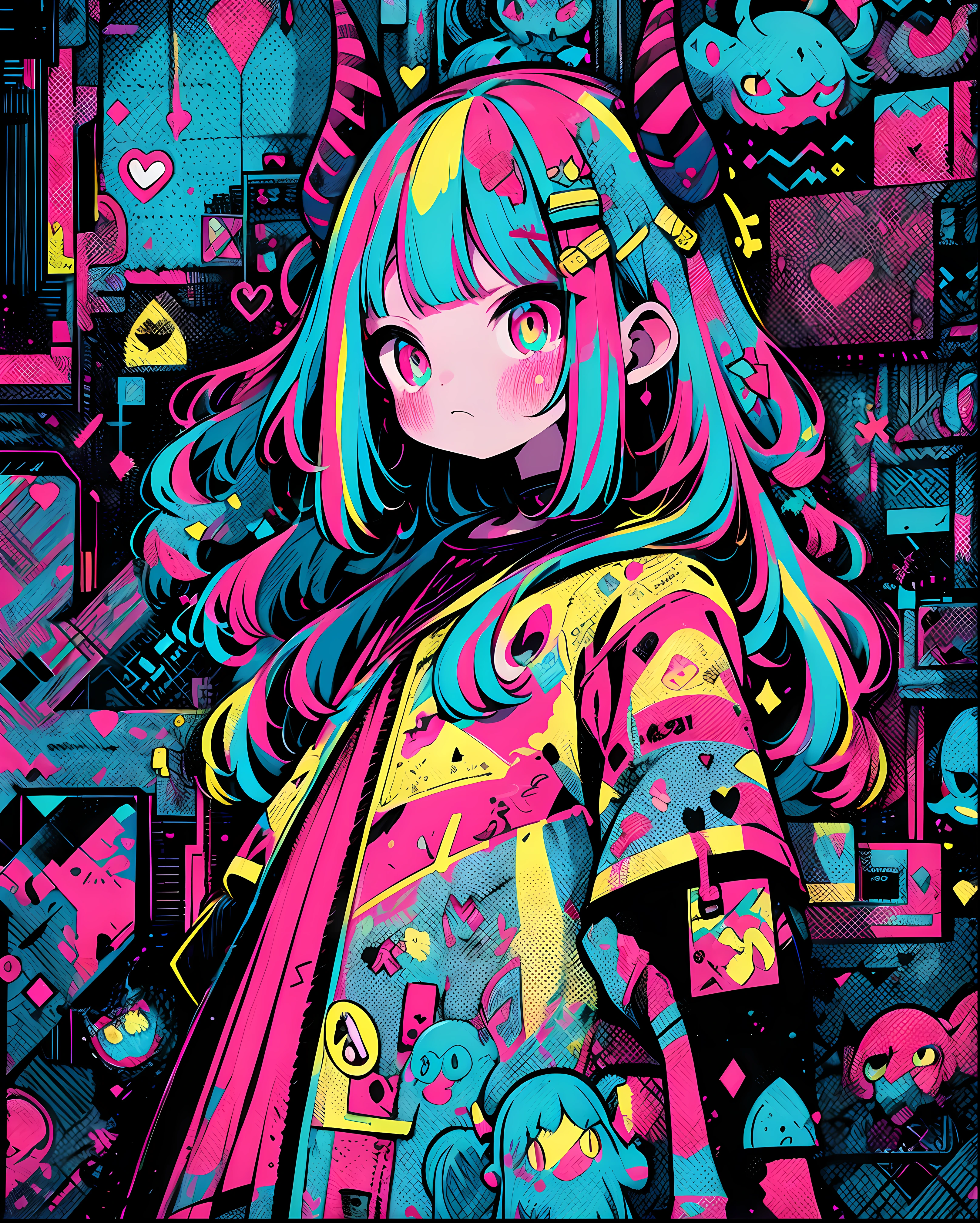 hightquality、neon color palette、high-level image quality、Kawaii Girl、Unprecedented amount of drawing、anime styled、Geometric pattern background、sticker style、long hair、black hair、red eyes, heart-shaped pupils, wavy hair, menhera, loose clothing, black dress, red heart-shaped neckline, self harm, guro, dark, dark eyes, blood, creepy, eroguro, devil horns, dark circles, neon, eye strain, bubble tea, glitch, retro, scary, demon, eyeball, ghost, horror, bloodied, colourful blood, glitch