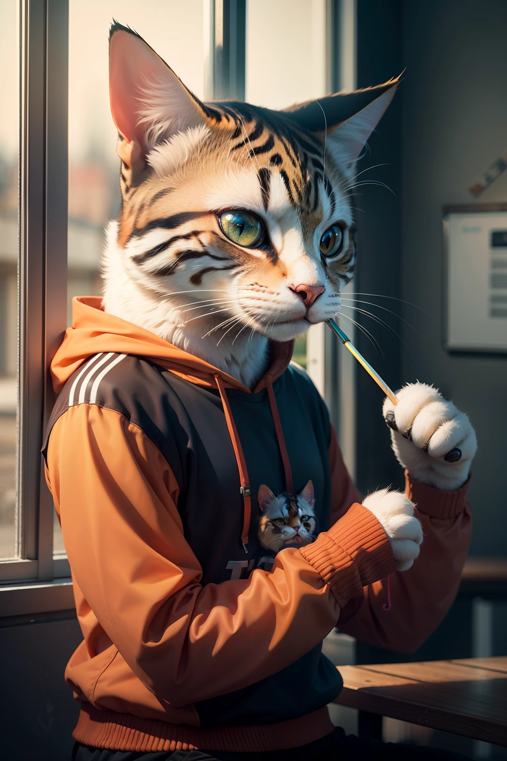 anthropomorphic cat, Wear sportswear, Eating a lollipop, lightroom, Cinematic, hdr, primitive, Intricate, High quality, soothing tones, Intricate details, Low contrast