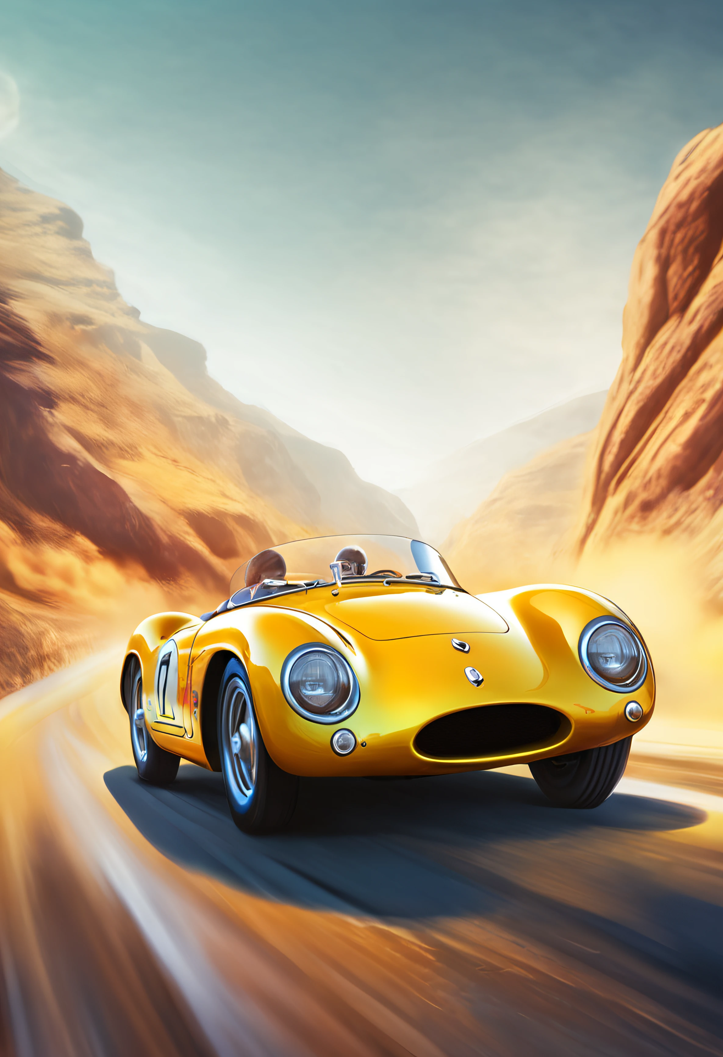 painting of a YELLOW Porsche 550 Spyder with flames on the front driving down a road, an airbrush painting by Rob Alexander, shutterstock, retrofuturism, full color digital illustration, classic car, stylized digital illustration, style of tim hildebrandt, digital illustration -, in style of digital illustration, ( art fitzpatrick ), full color illustration, classic cars, hd illustration, artwork