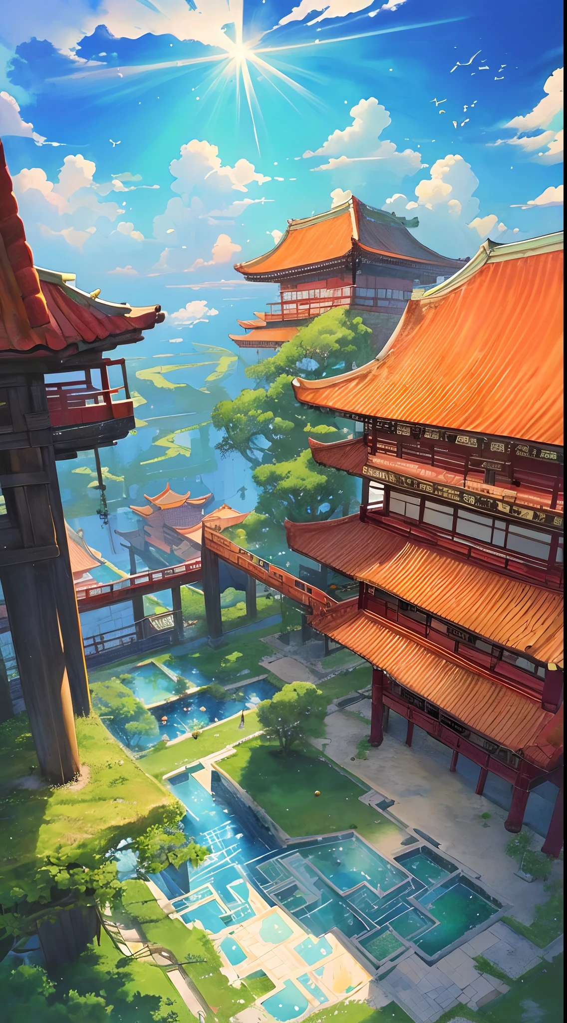 The game scene, the ancient Chinese palace is located above the clouds, surrounded by clouds and mist, majestic, glazed tiles, colorful rays of light, ((color ink)),((splash ink)),((splash ink) ink}) ), masterpiece, high quality, Refined graphics, high detail
