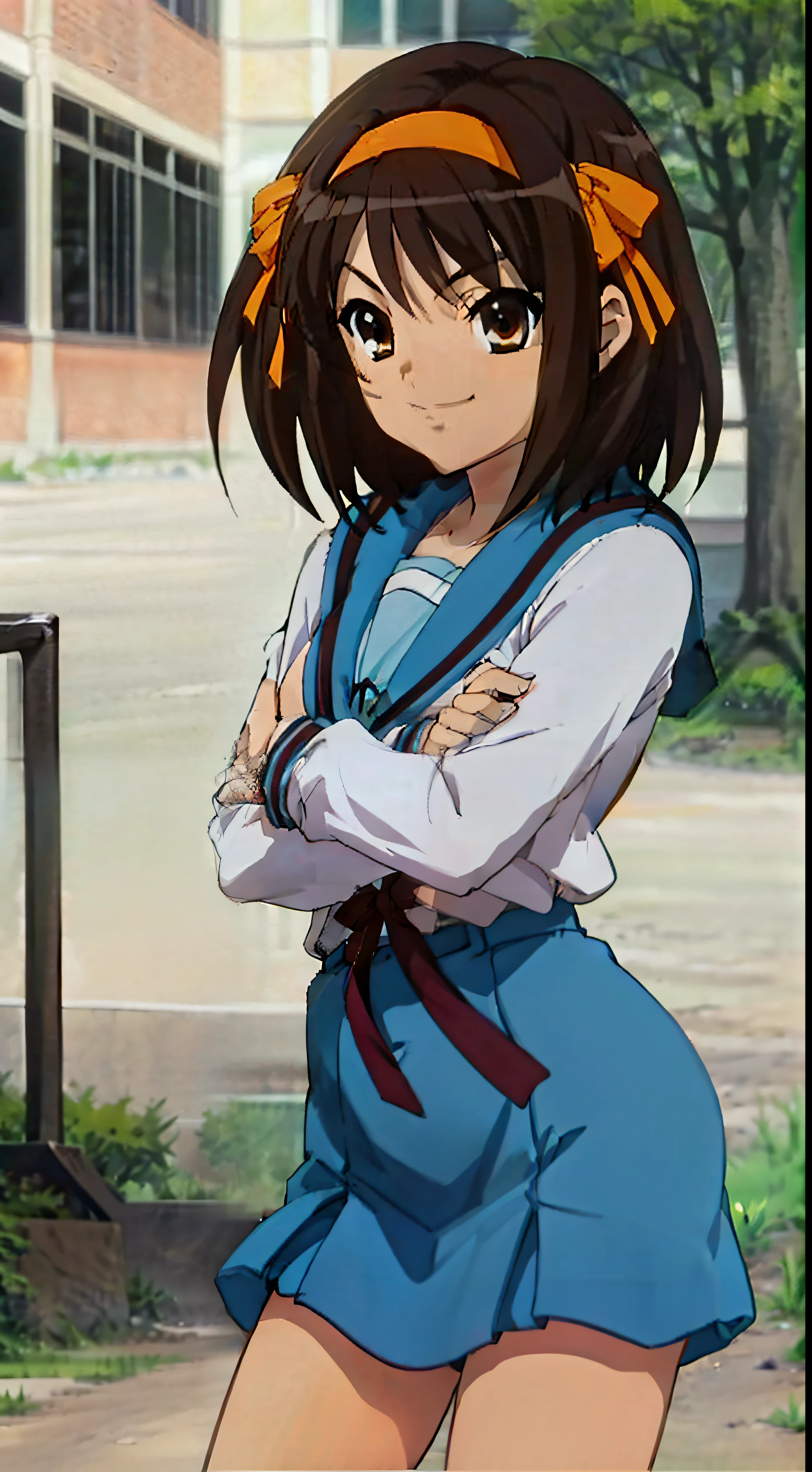 masutepiece, Best Quality, hight resolution, 1girl in, Suzumiya Haruhi, Solo, kita high school uniform, blue sailor collar, Sailor collar, Blue skirt, Brown hair, Short hair, Brown eyes, arm band, shairband, Medium Hair, bow ribbon, sox, medium breasts, Cowboy Shot, Standing, Smile, Outdoors,