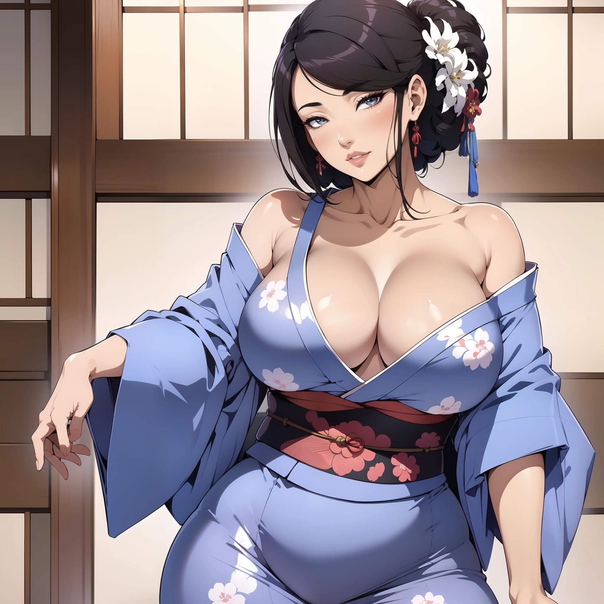 1womanl， （tmasterpiece： 1.3），Beautiful mature Japanese woman， detailed finger， beautiful hand， hyper realisitc， 1womanl， （Sagging breasts， Bewitching body： 1.2） brunette color hair： 1.1， Super detailed face， Detailed lips， Detailed eyes， 二重まぶた， Sexy low-cut neckline kimono， Open neckline， Sagging chest， Side posture， visible curves，full body1:1，sexy big breasts exposed，seductiv，seduce，Bare pubic hair，climaxing