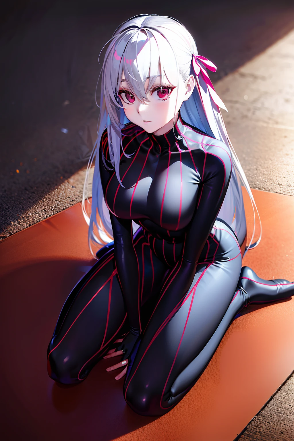 dark sakura full body suits sitting on the floor grasping one's knees