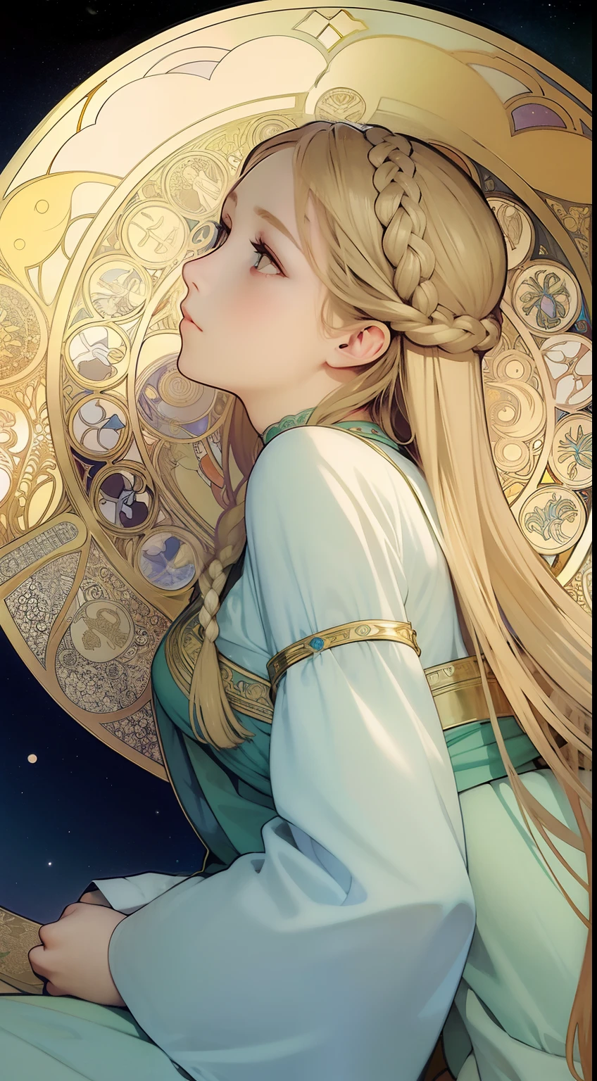 Art Nouveau style、Alphonse Mucha style、girl with、a blond、Braids、kosmos、a moon