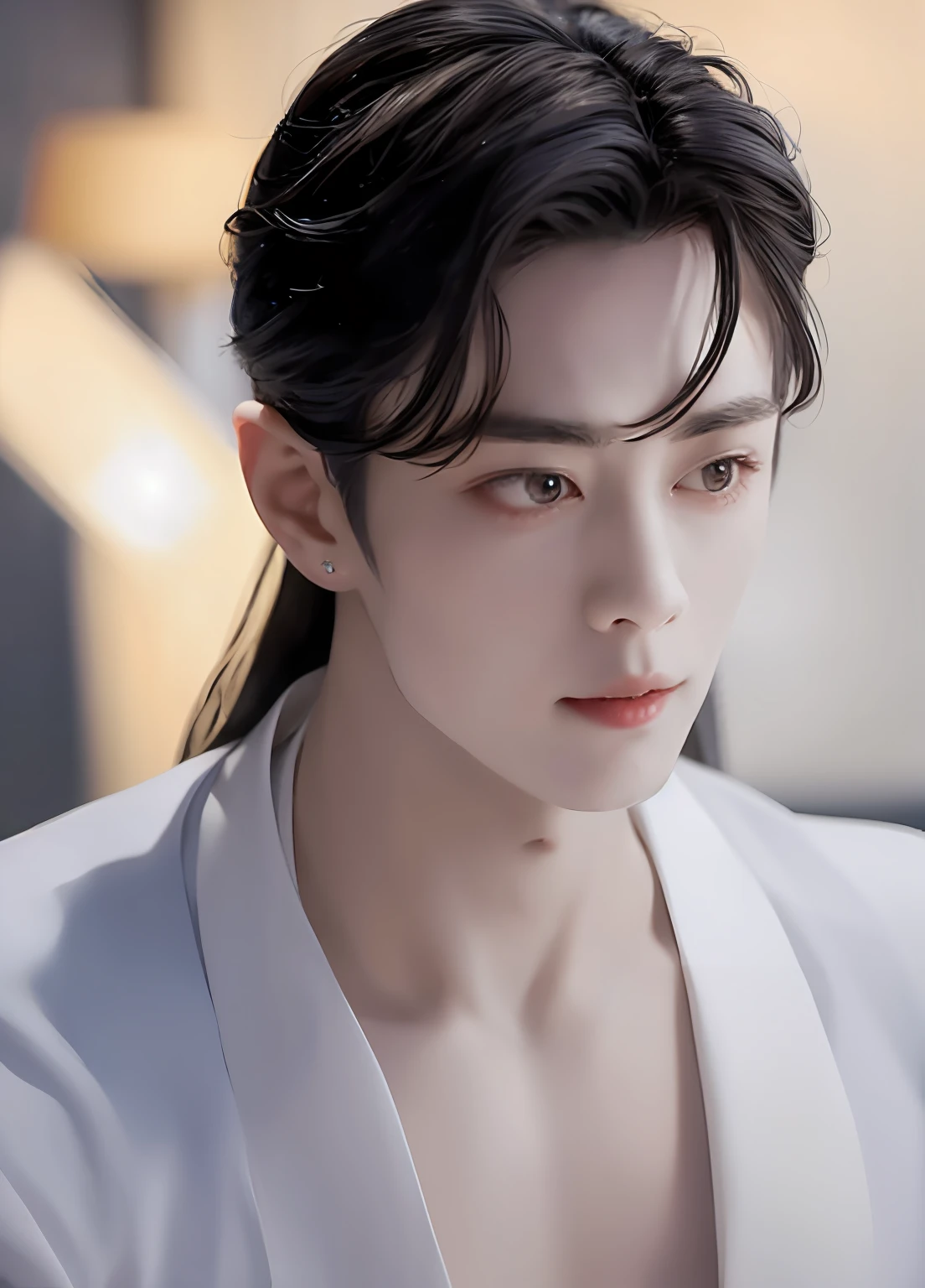 Xiao Zhan,A close-up of a handsome and handsome man with a hairpin in his hair, Realistic. Xiao Zhan,Big handsome guy,Invincible big handsome guy,Unparalleled beauty,The eyes are very beautiful and pure,Oriental classical temperament beauty