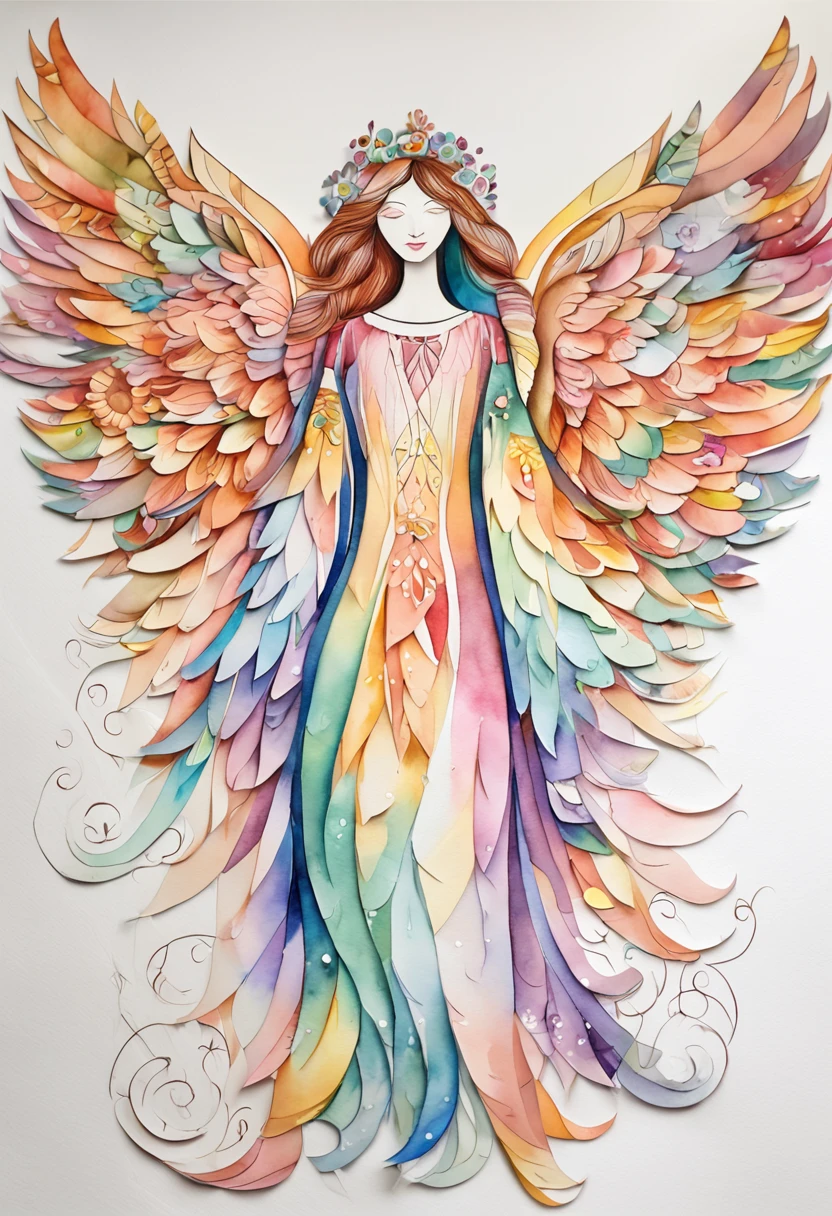 (FULL BODYSHOT:1.4), White background, (1 Angel Girl,Glowing wings, Halo, Exquisite headdress, Smile), (paper art, Quilted Paper Art, Geometry), highly colorful