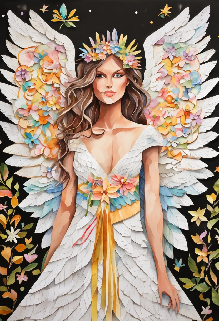 (FULL BODYSHOT:1.4), White background, (1 Angel Girl,Glowing wings, Halo, Exquisite headdress, Smile), (paper art, Quilted Paper Art, Geometry), highly colorful