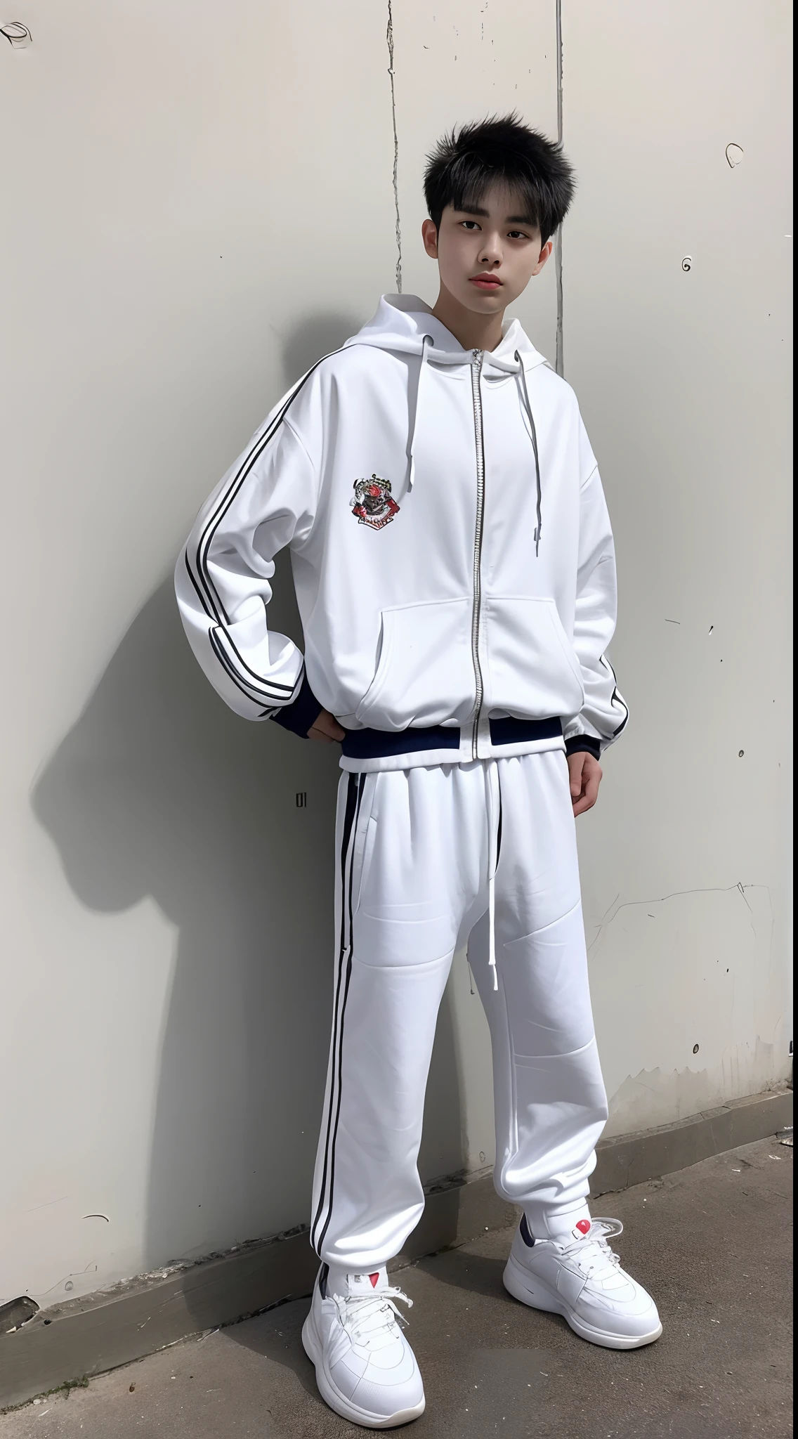 An 18-year-old boy from China，Wearing white PVC tracksuits，shorter pants，athletic sneakers，With a baseball bat