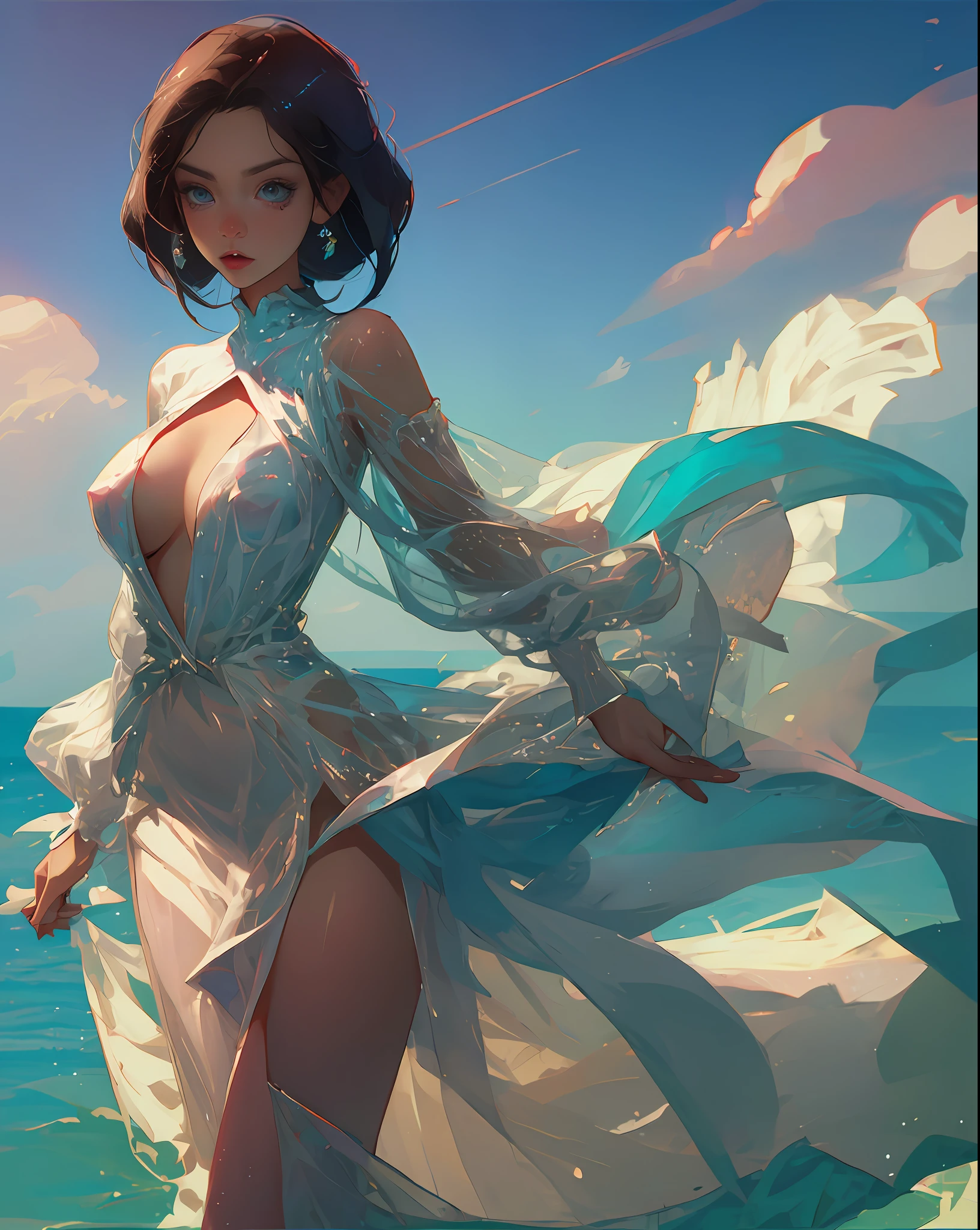 See through dress with big tits and slim waist anime girl with her nipple looking