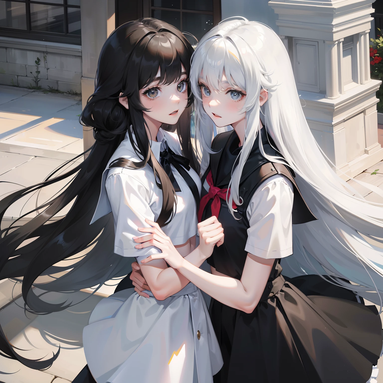 Two girls with long hair,white and black hair,hair flowing, One looks at the other affectionately,starrysky,Campus uniforms,Roofs of school buildings,take hand,