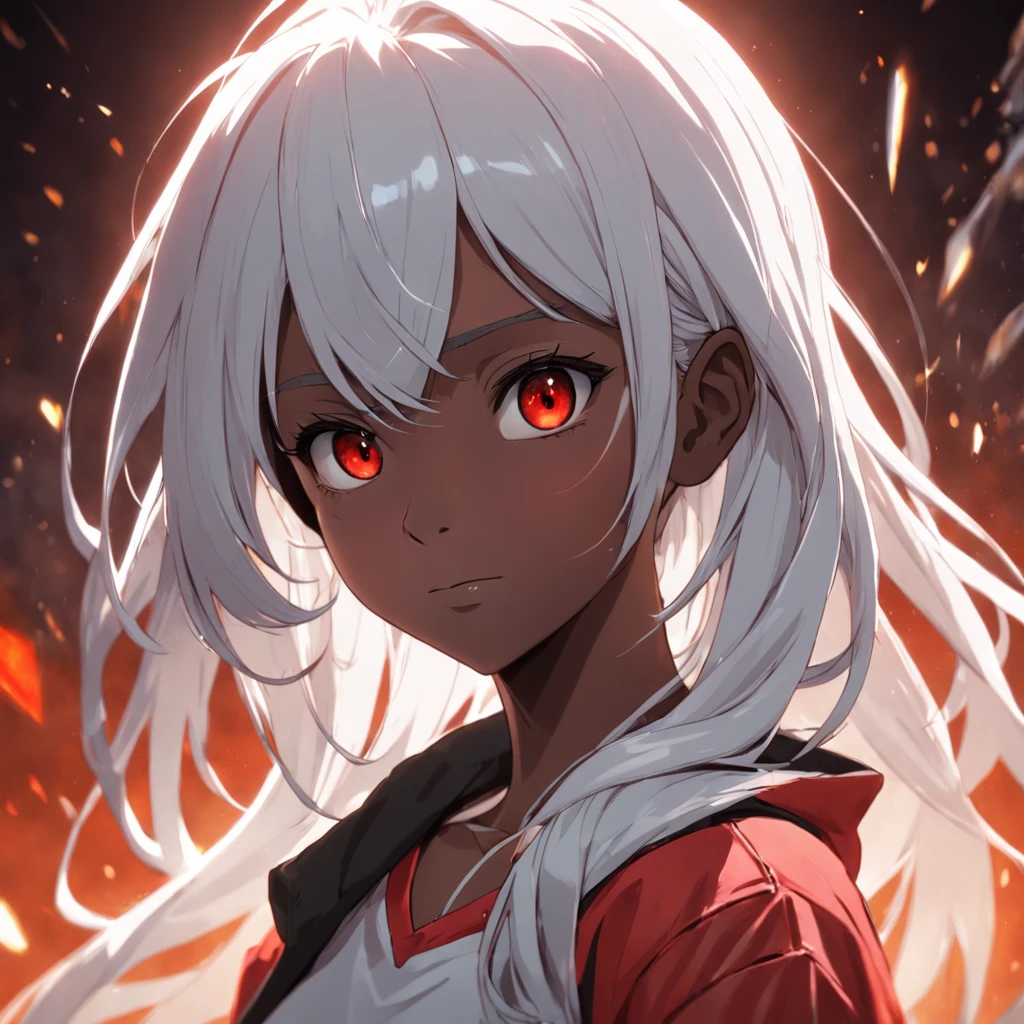 Female, age 16, 3D , front image, dark skin color, white hair color, clothing, white T-shirt with red jacket, looking at viewer, solo, upper body, ((masterpiece)), (best quality), (extremely detailed), depth of field, sketch, dark intense shadows, sharp focus, soft lighting, hdr, colorful, good composition, spectacular, anime screencap, detailed eye. detailed image, background. White, rendered in unreal, movie promo image, rendered image masterpiece, best quality, movie still, close-up, bright, happy, warm soft lighting, (sparks:0.7) masterpiece, best quality, movie still, close-up, bright, warm soft lighting, (sparks:0.7) --auto --s2