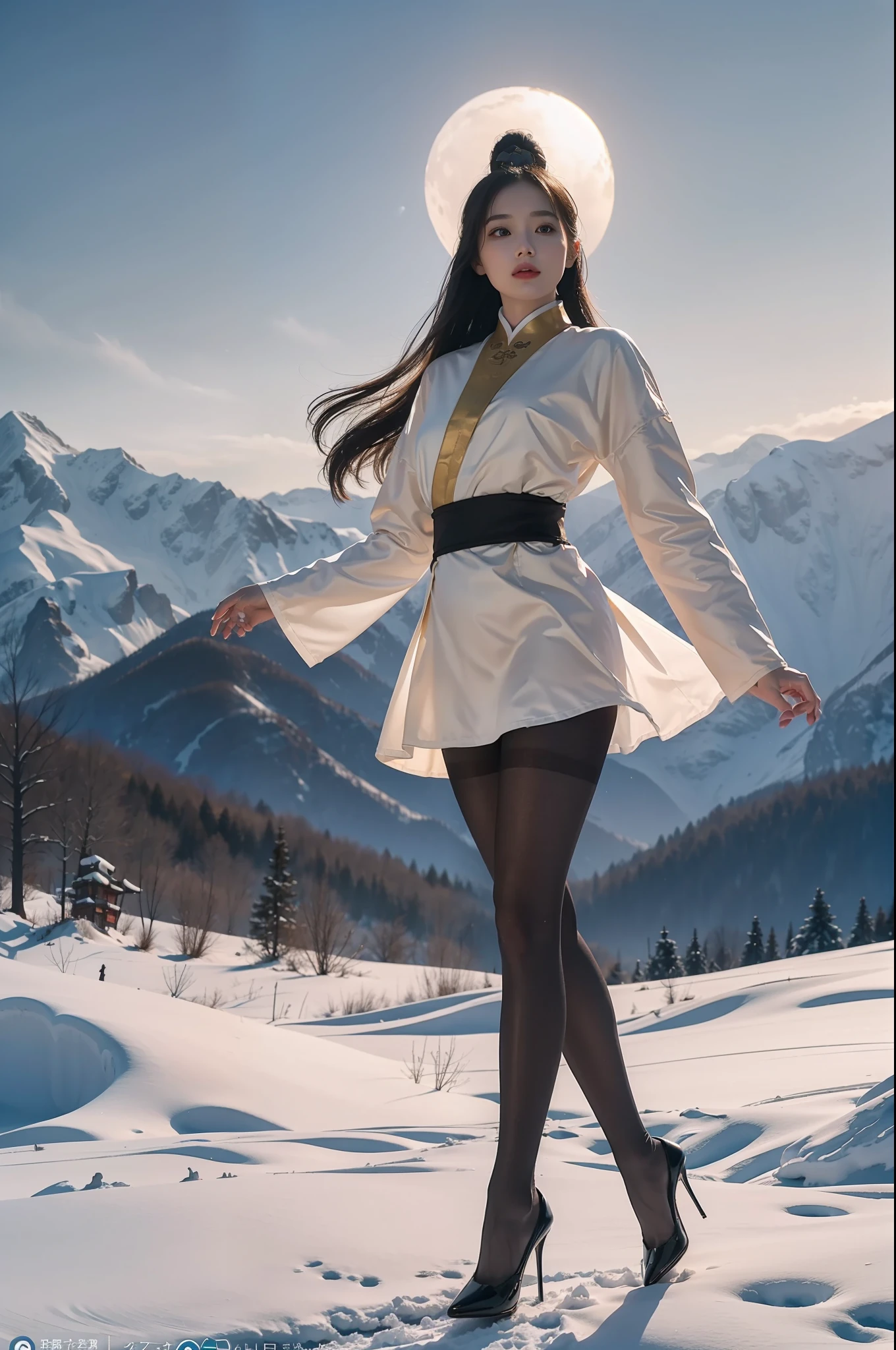 (full body:1.5),(1girl:1.3),(view the viewer:1.4),(anatomy correct:1.4),(Opaque pantyhose and pointed thick heels :1.3),(Dancing on the top of a snowy mountain:1.2),(Wearing a Qing Dynasty Princess Set:1.2),(Golden Double Long Horse Tail:1.2),(Accurate and perfect face:1.3),(Long legs:1.3),hyper HD, Ray traching, reflective light, structurally correct, Award-Awarded, high detail, lighten shade contrast, Face lighting ,cinematic lighting, masterpiece, super detailing, high quality, high detail, best quality, 16k,High contrast,