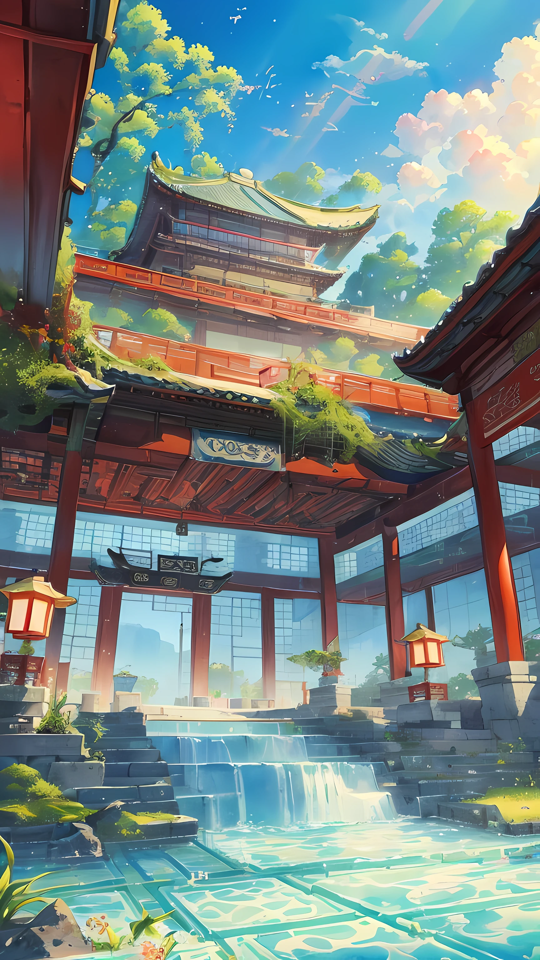 The game scene, the ancient Chinese palace is located above the clouds, surrounded by clouds and mist, majestic, glazed tiles, colorful rays of light, ((color ink)),((splash ink)),((splash ink) ink}) ), masterpiece, high quality, Refined graphics, high detail