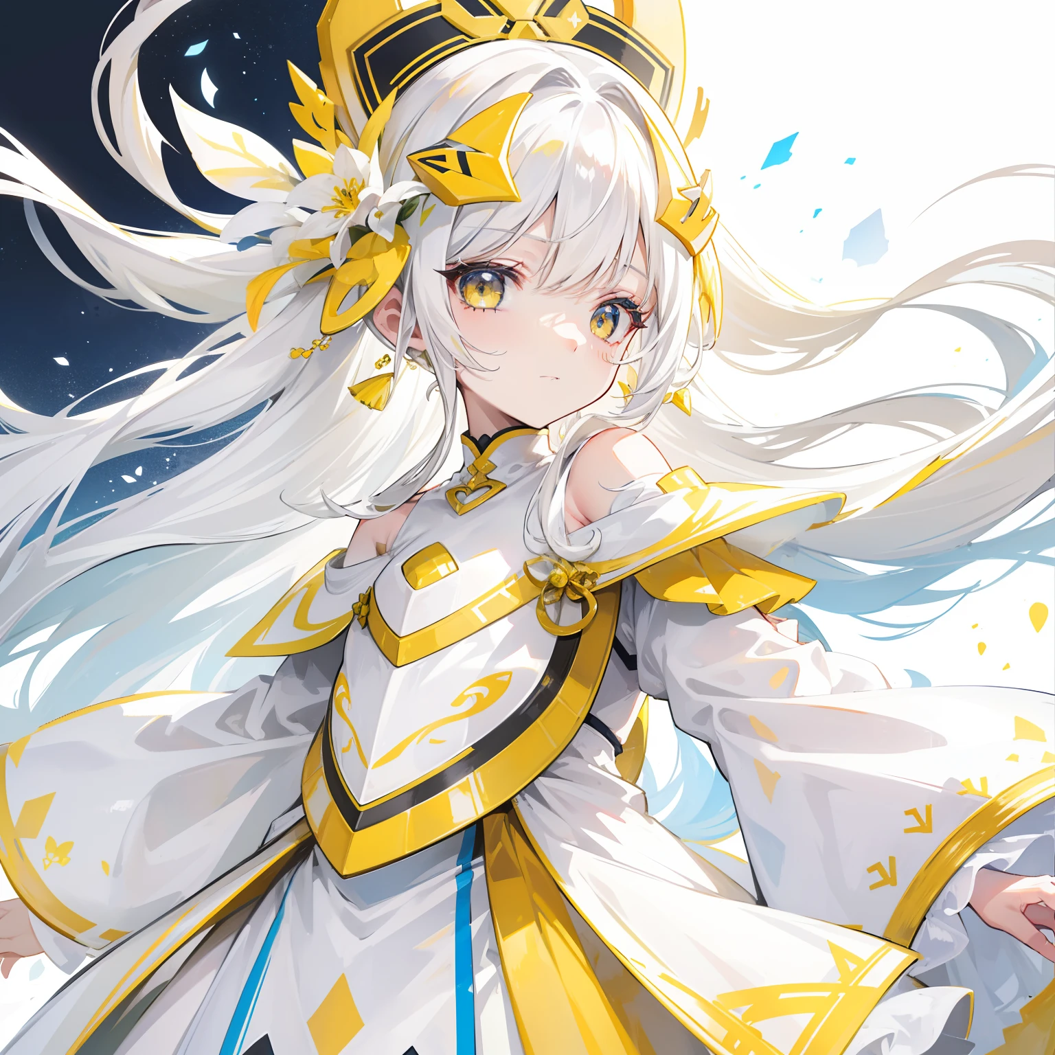 Yellow-white hair covered her long face like a helmet，Make his long face look like a small one，Lovely white clothes，It complements a variety of shades of yellow，There is a delicate makeup，shining face，Feel like a sweet girl