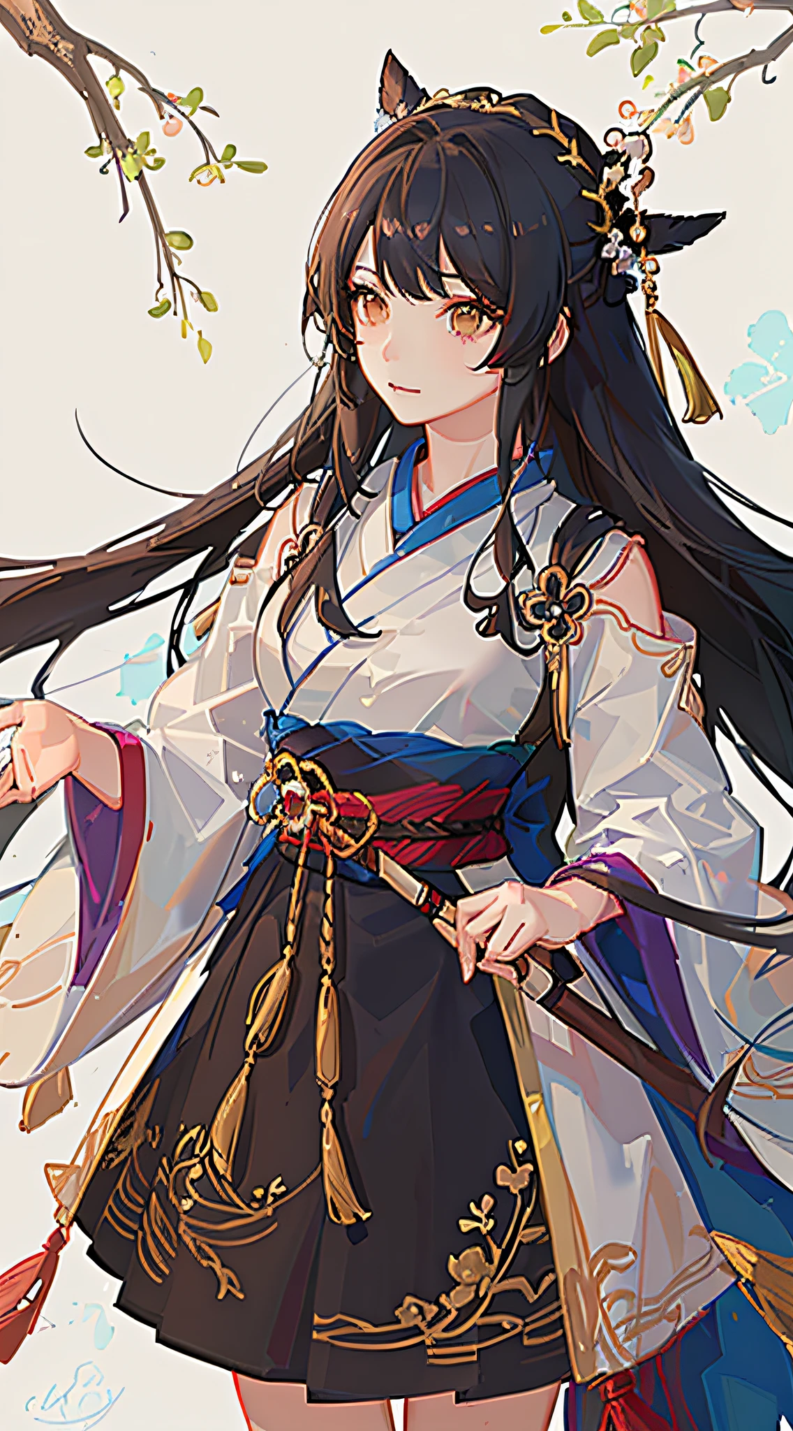 Kizi,full bodyesbian,(Face details:1.2),tmasterpiece,Fashionab,Hanfu,,mid hair,brunette color hair,dual horsetail,Qi bangs,Brown eyes,best qualtiy,ultra - detailed,8k