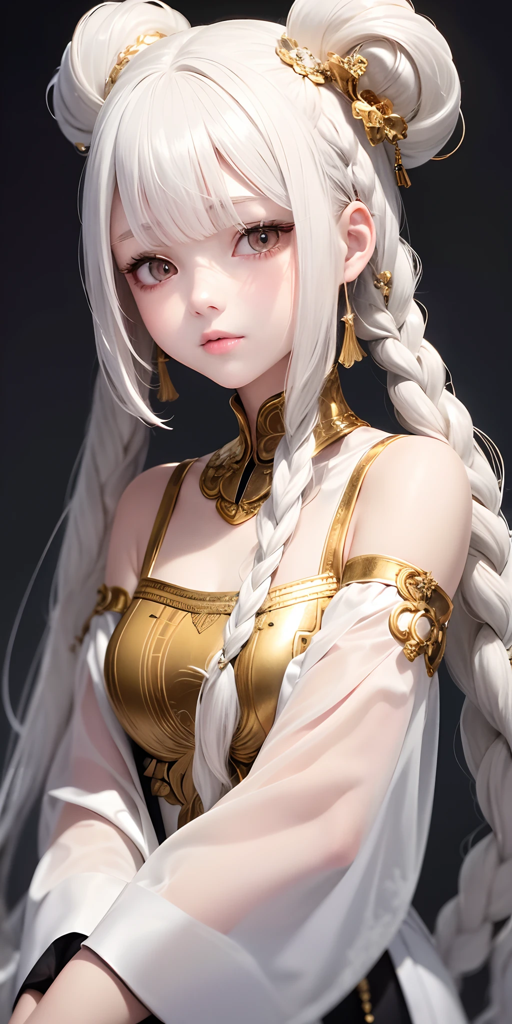 Top quality masterpiece illustrations、White-haired and gold-eyed、Girl in white looks up、Beautiful face with hair strands in side braids at the angle of the upper body is fair.。