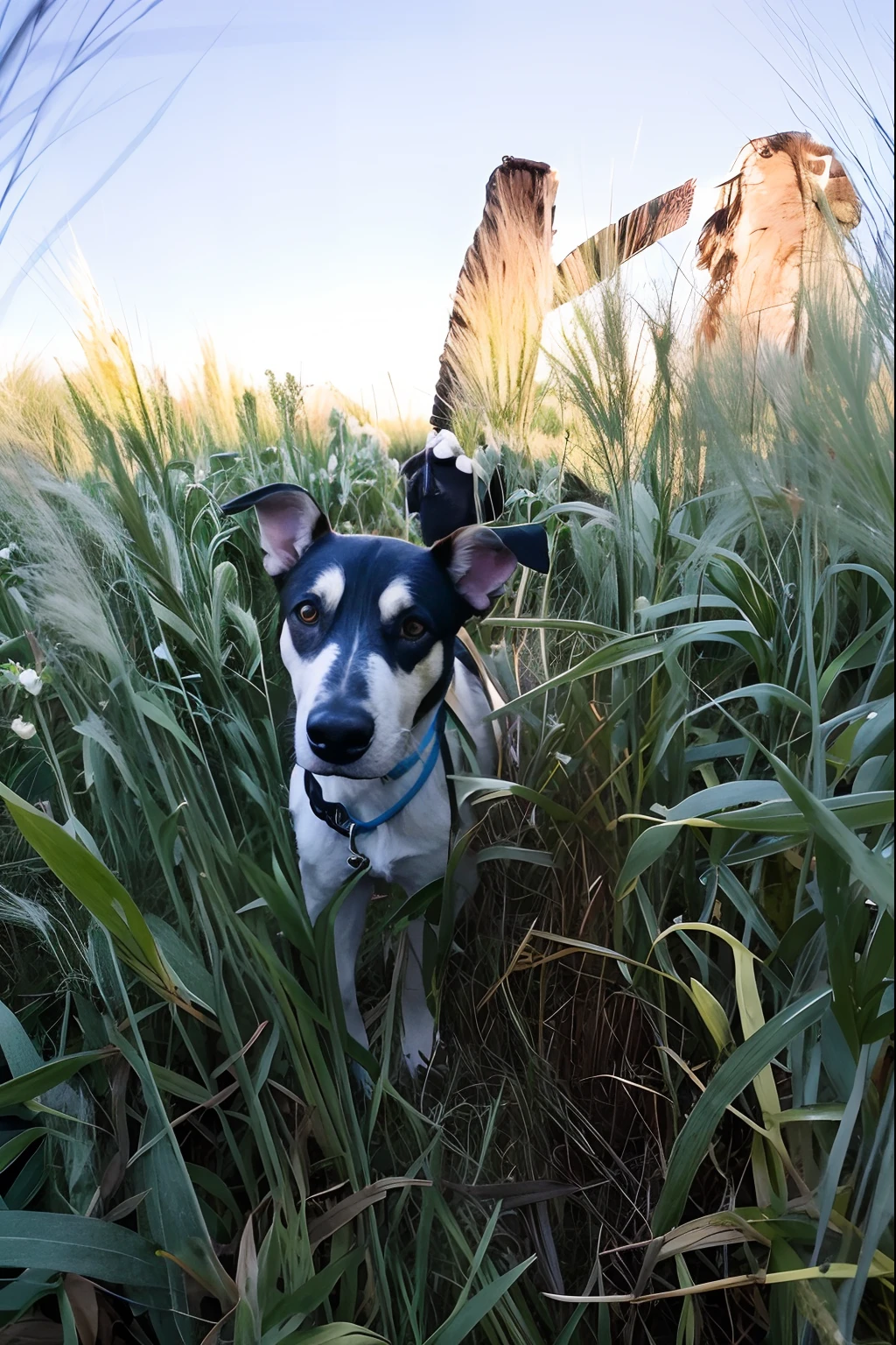 there is a dog that is standing in the grass, in the high grass, giant eyes in the grass, hiding in grass, standing in tall grass, there is tall grass, in a wheat field, in the grass, in a grassy field, shot on a 9.8mm wide angle lens, looking straight to the camera, in a field, towering over the camera