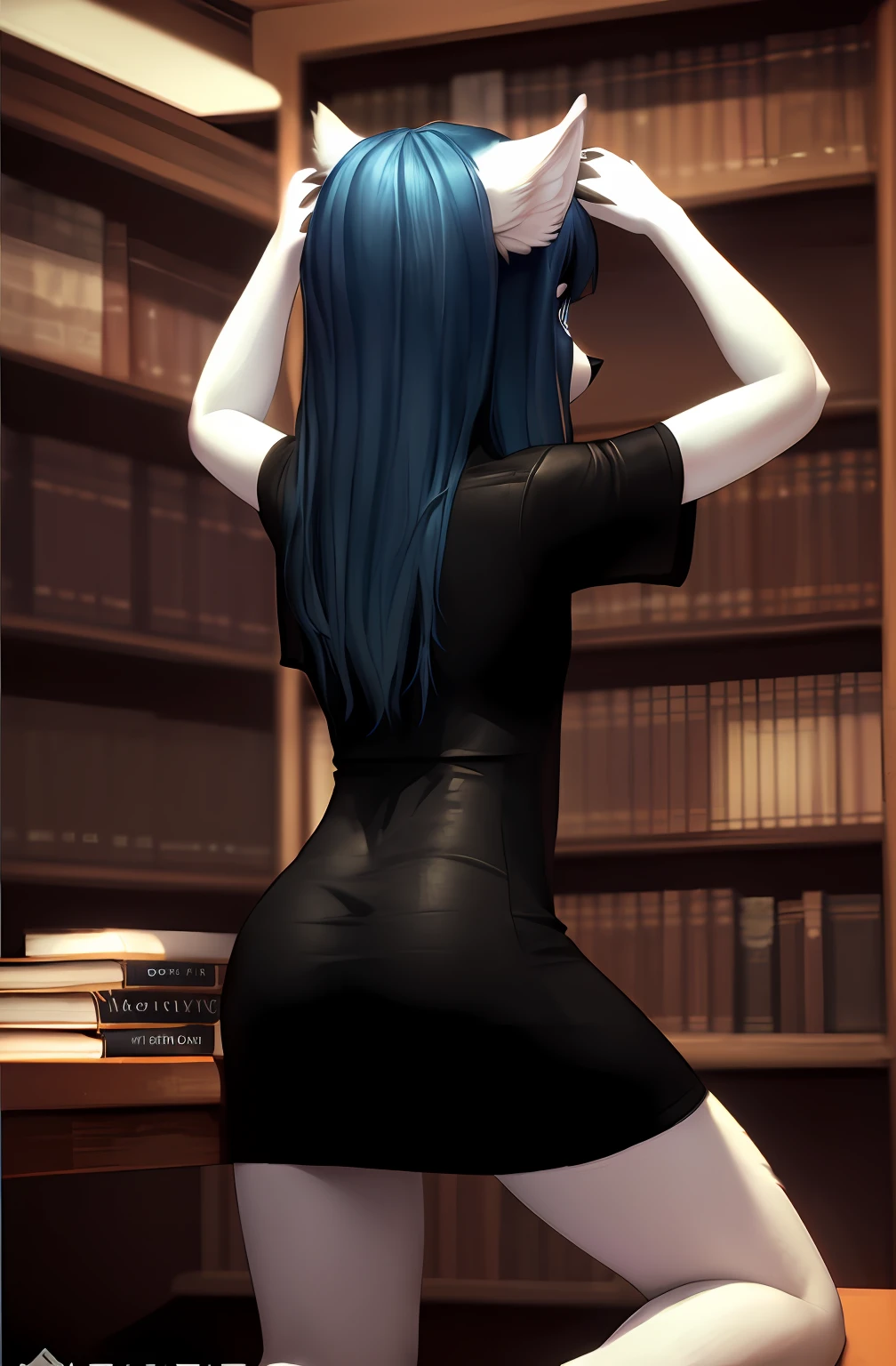 [Claire (the summoning)], [Uploaded to e621.net; (Pixelsketcher), (wamudraws)], ((masterpiece)), ((1girl)), ((solo portrait)), ((full body)), ((back view)), ((furry; anthro)), ((detailed fur)), ((detailed shading)), ((beautiful 3D art)), {anthro; (white fur, black nose), long blue hair, (bang over left eye), dark blue slit eyes, (black claws), (beautiful legs)}, {(short sleeve black white-collared shirt), (tight short bodycon dress), (barefoot)}, {(on table), (on 1 knee), (1 knee on table), (searching bookshelf), (hand on shelf), (looking up)}, [background; (library), (bookshelf)]