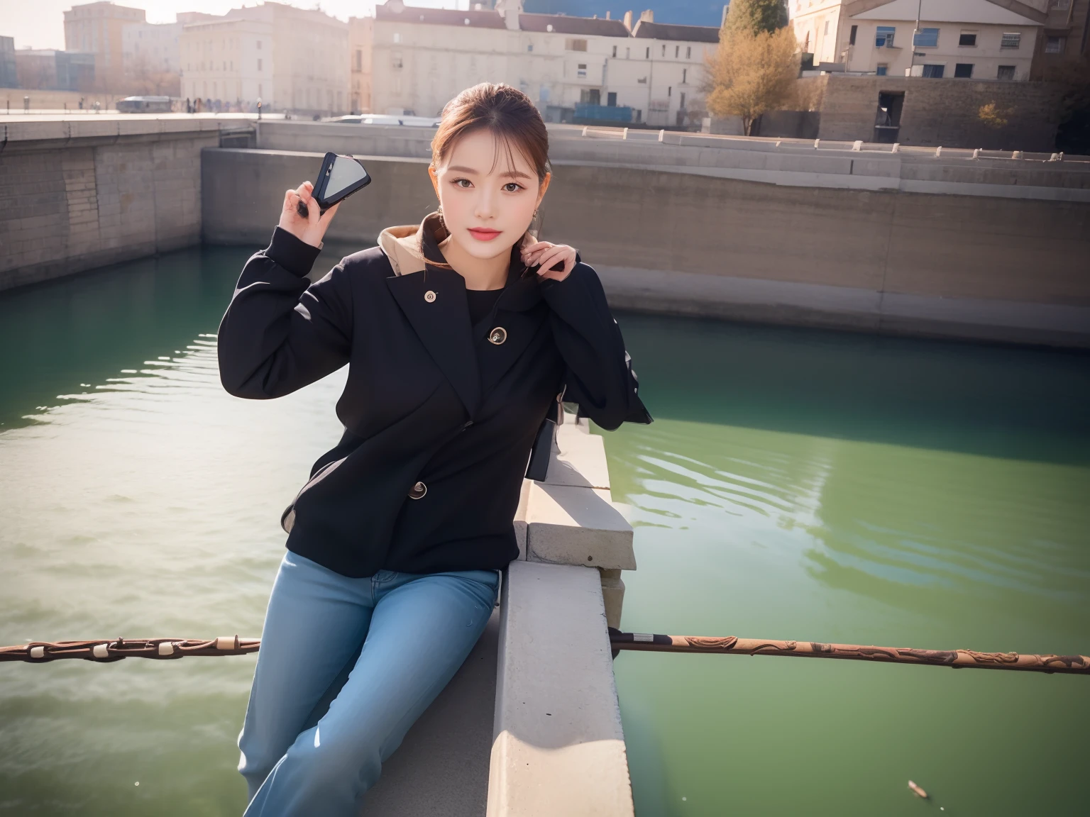 High quality,1 beautiful woman,Sit by the river and take pictures