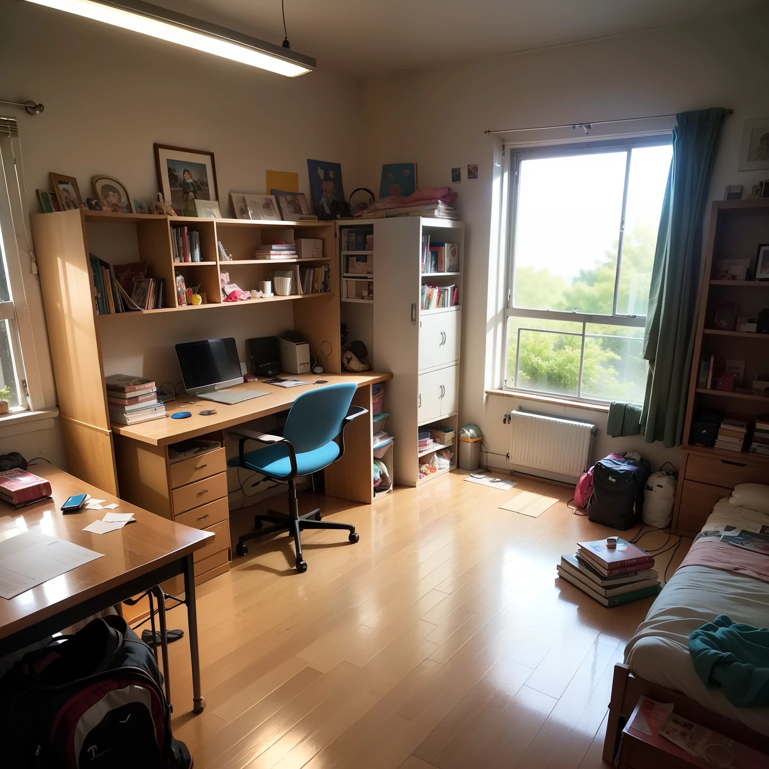 This is a normal boy's room，There are many anime and novels on the bookshelf，There is a mobile phone on the desk，Clothing can be found everywhere on the ground，Appears disorganized