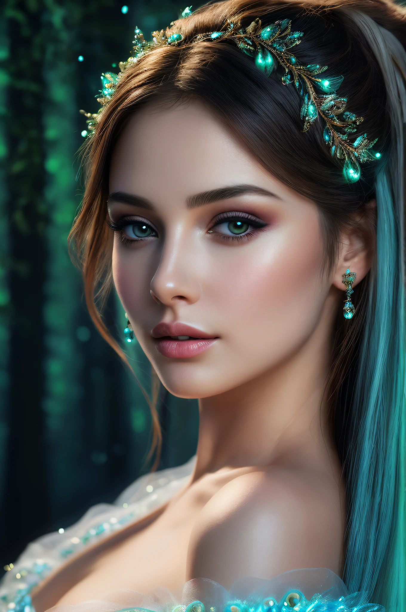 wonderful girl, leaning forward.
dress with straps,
fantastic face,
caucasian,
beautiful look,
detailed hair,
ultra focus,
face ilumined,
face detailed,
8k resolution,
painted,
dry brush,
brush strokes,
razumov style and garmash style,
Fairytale. Surrealism, hyperrealism.
Detailed face, perfect face, perfect clear eyes, perfect lips.
Insanely detailed. Luminous dreamlike painting, soft rim lighting, cinematic lighting, beautiful colors. Ultra detailed close up portrait of a bioluminescent peacock princess. Dark forest background, stardust, moonlight.