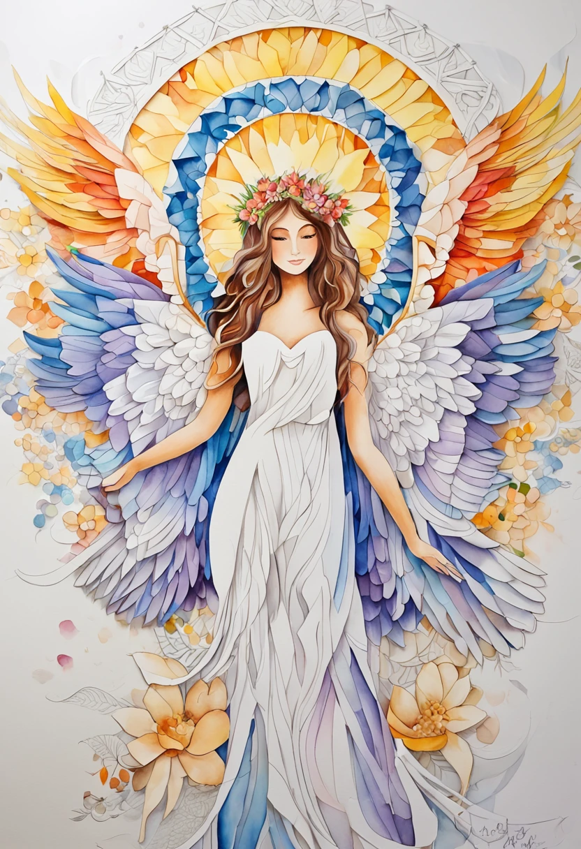 (FULL BODYSHOT:1.4), White background, (1 Angel Girl,Glowing wings, Halo, Exquisite headdress, Smile), (paper art, Quilted Paper Art, Geometry), highly colorful