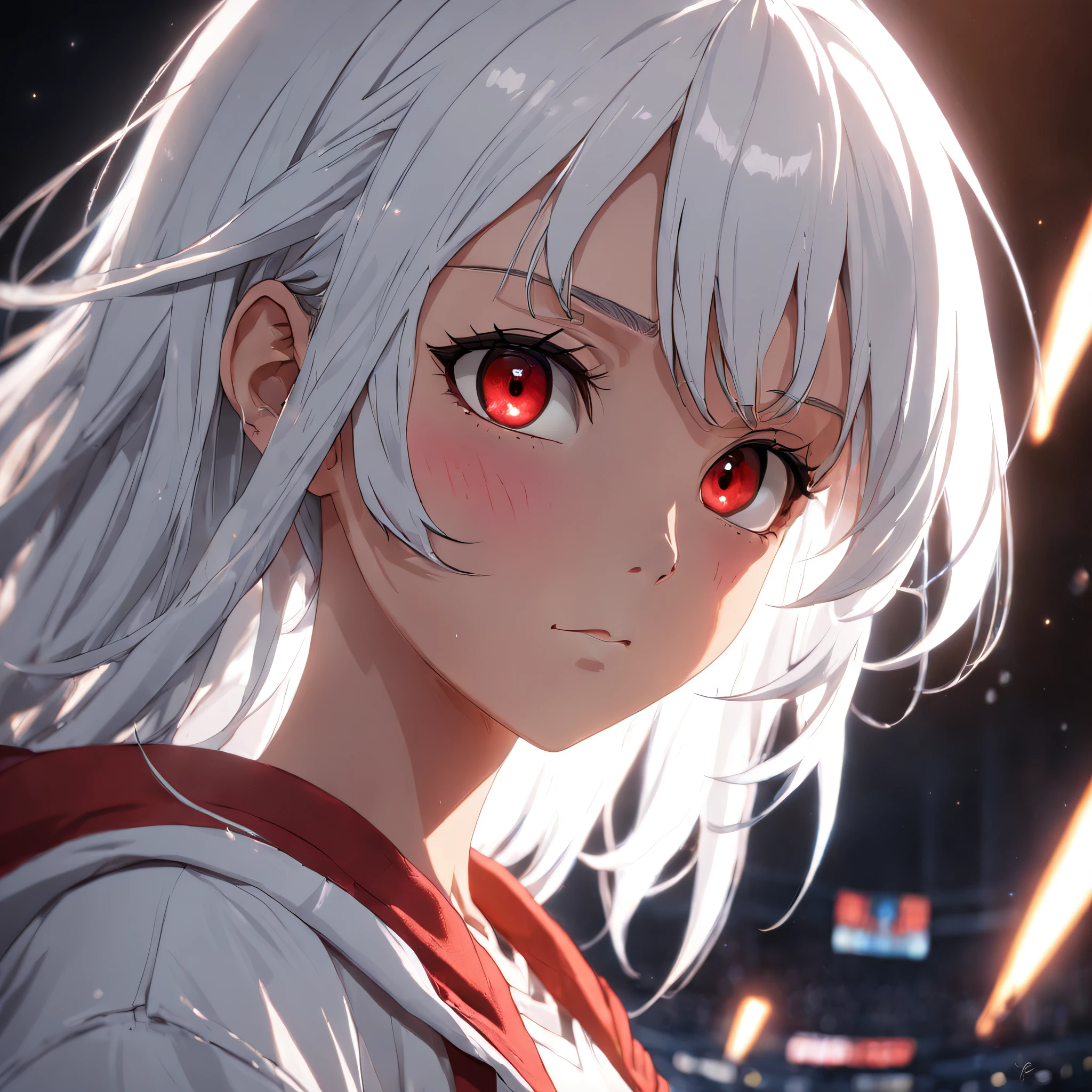Female, age 16, 3D , front image, dark skin color, white hair color, clothing, white T-shirt with red jacket, looking at viewer, solo, upper body, ((masterpiece)), (best quality), (extremely detailed), depth of field, sketch, dark intense shadows, sharp focus, soft lighting, hdr, colorful, good composition, spectacular, anime screencap, detailed eye. detailed image, background. White, rendered in unreal, movie promo image, rendered image masterpiece, best quality, movie still, close-up, bright, happy, warm soft lighting, (sparks:0.7) masterpiece, best quality, movie still, close-up, bright, warm soft lighting, (sparks:0.7) --auto --s2