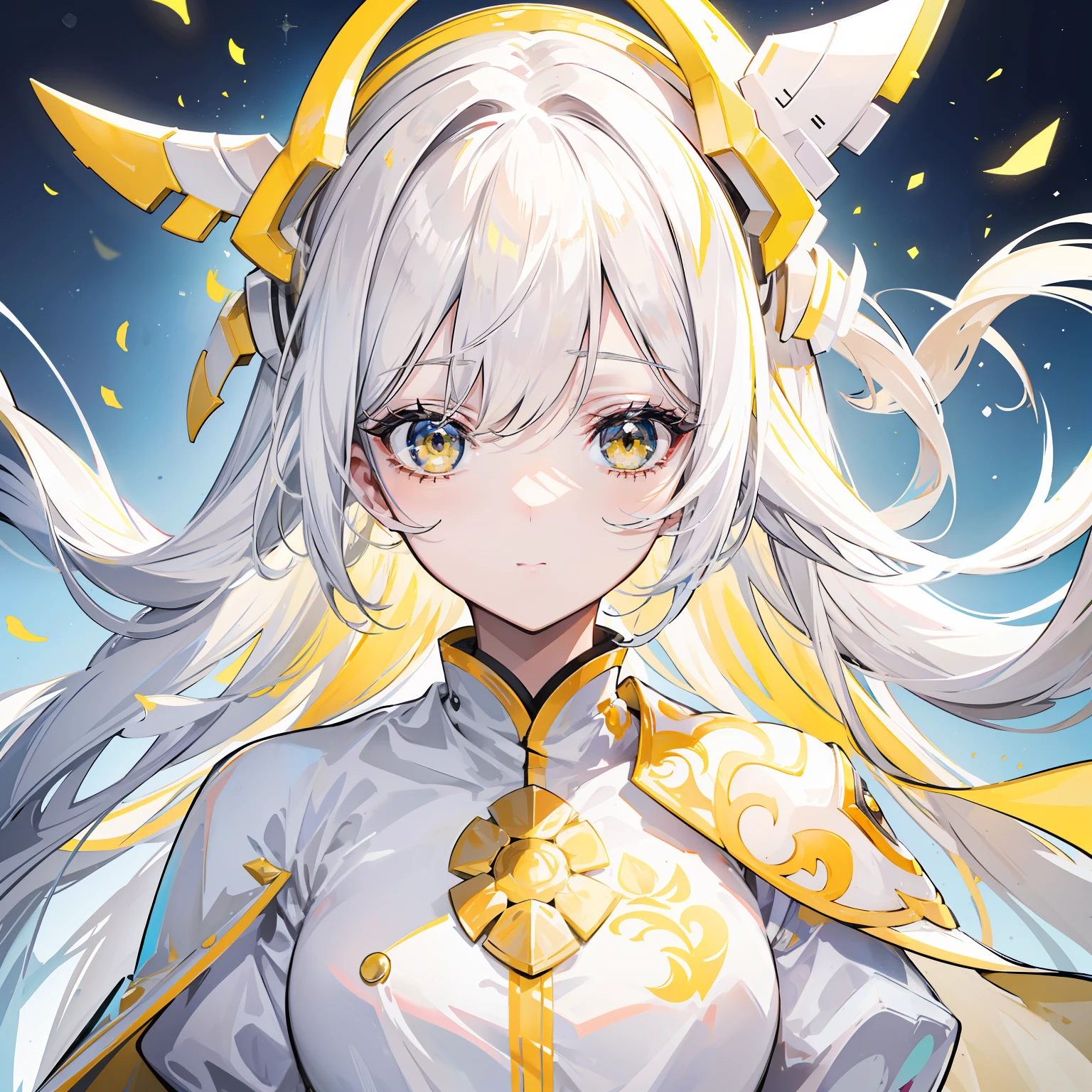 Yellow-white hair covered her long face like a helmet,Make his long face look like a small one,Lovely white clothes,It complements a variety of shades of yellow,There is a delicate makeup,shining face,Feel like a sweet girl
