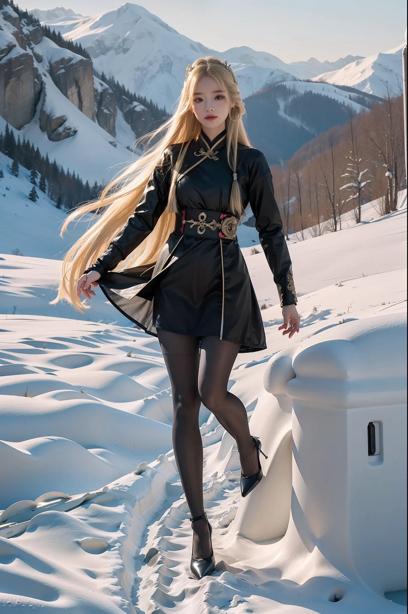 (full body:1.5)，(1girl:1.3),(view the viewer:1.4)，(anatomy correct:1.4),(Opaque pantyhose and pointed thick heels :1.3),(Dancing on the top of a snowy mountain:1.2),(Wearing a Qing Dynasty Princess Set:1.2),(Long blonde hair:1.2),(Accurate and perfect face:1.3),(Long legs:1.3),hyper HD, Ray traching, reflective light， structurally correct, Award-Awarded, high detail, lighten shade contrast, Face lighting ，cinematic lighting, masterpiece, super detailing, high quality, high detail, best quality, 16k，High contrast,