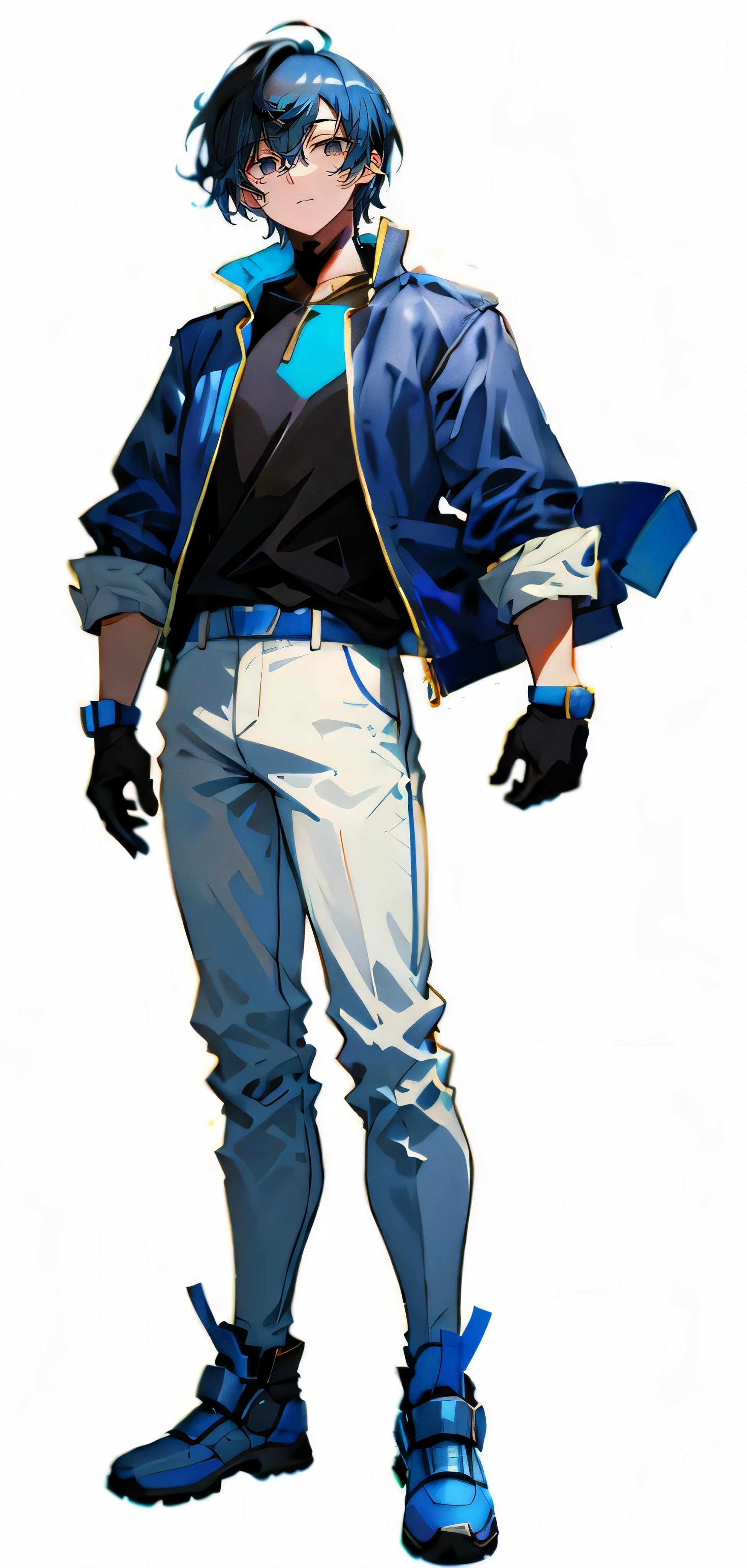a close up of a person in a blue jacket and white pants, character from king of fighters, official character art, character artwork, kentaro miura art style, ( ( character concept art ) ), kentaro miura art, shigenori soejima illustration, full-body character portrait, kentaro miura manga art style, handsome anime pose
