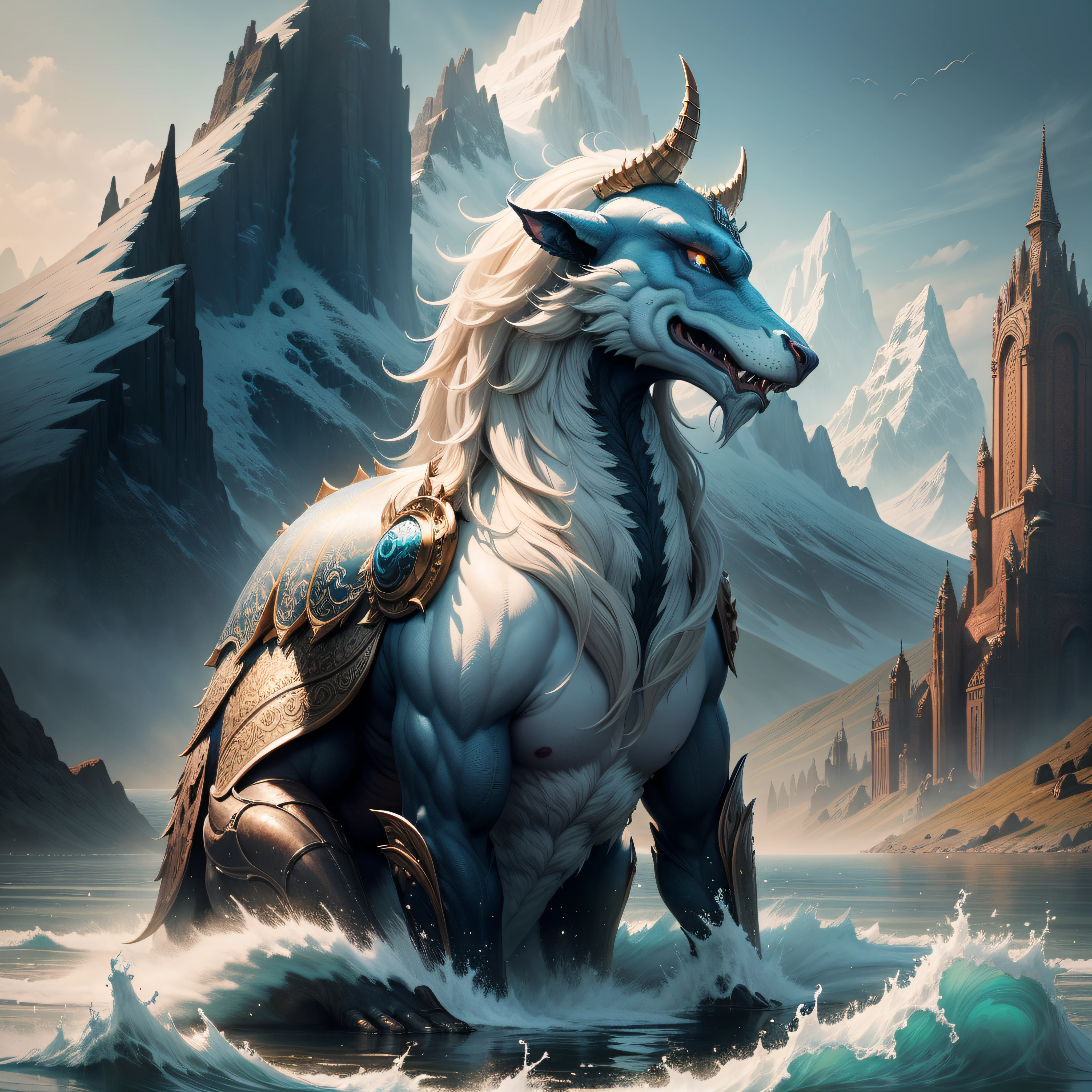 the mythological creature comes from the water of a large lake surrounded by high mountains, depicted in an epic fantasy digital art style