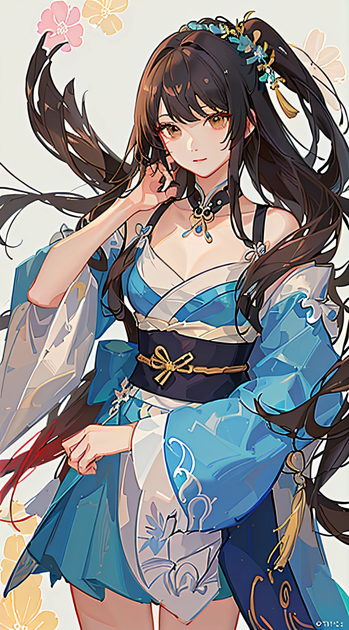 Kizi,full bodyesbian,(Face details:1.2),tmasterpiece,Fashionab,Hanfu,,mid hair,brunette color hair,dual horsetail,Qi bangs,Brown eyes,best qualtiy,ultra - detailed,8k