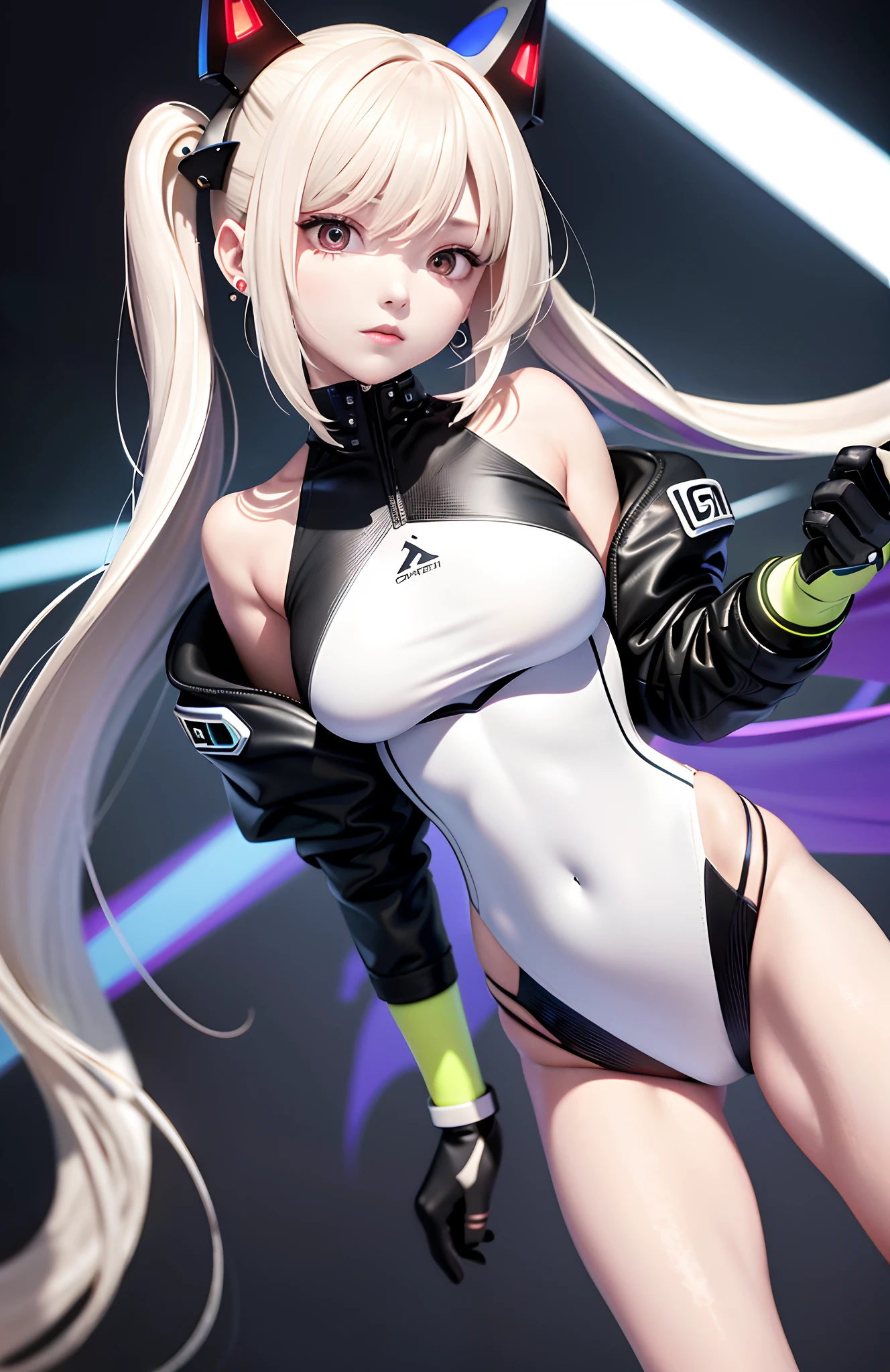 optimum,tmasterpiece,A high resolution,best qualtiy,hyper HD,super detailing,Award-Awarded,16k,独奏,(The upper part of the body),anatomy correct,Beautiful cyberpunk girl,cute face,,Gradient Beige Hair,Hairline,((Scarlet eyes)),long eyelasher,Hanging eye corners,White skin of the,(small boobs),(Slim body),((Women's extra short shawl leather jacket)),((racing_suit)),ear studs,(neck rings),(Laser material clothing:1.2)