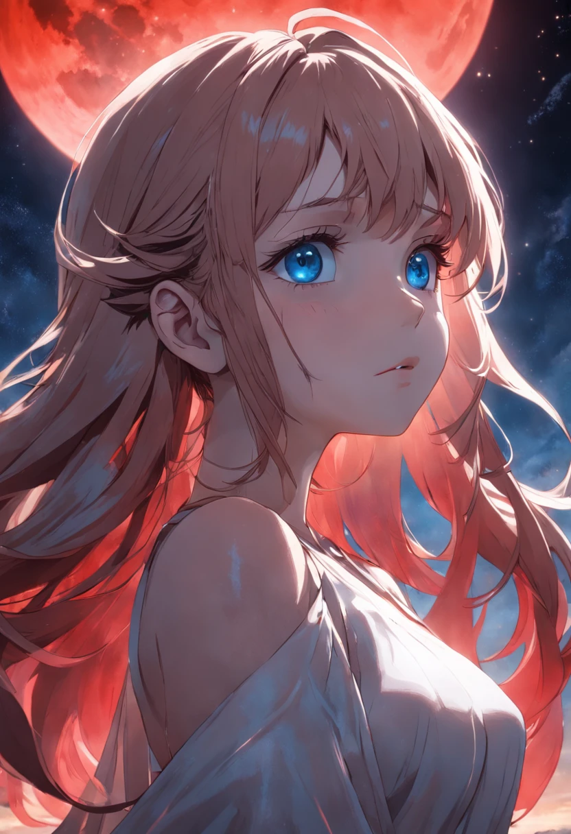 1girl, beautiful face, ((blue eyes)), sexy pose, Red moon in the background, stars, space, (lightroom:1.13), soft light, (natural skin texture:1.2), (hyperrealism:1.2), sharp focus, focused