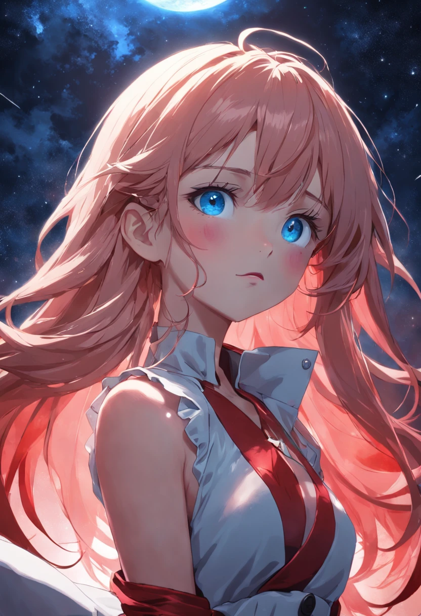 1girl, beautiful face, ((blue eyes)), sexy pose, Red moon in the background, stars, space, (lightroom:1.13), soft light, (natural skin texture:1.2), (hyperrealism:1.2), sharp focus, focused
