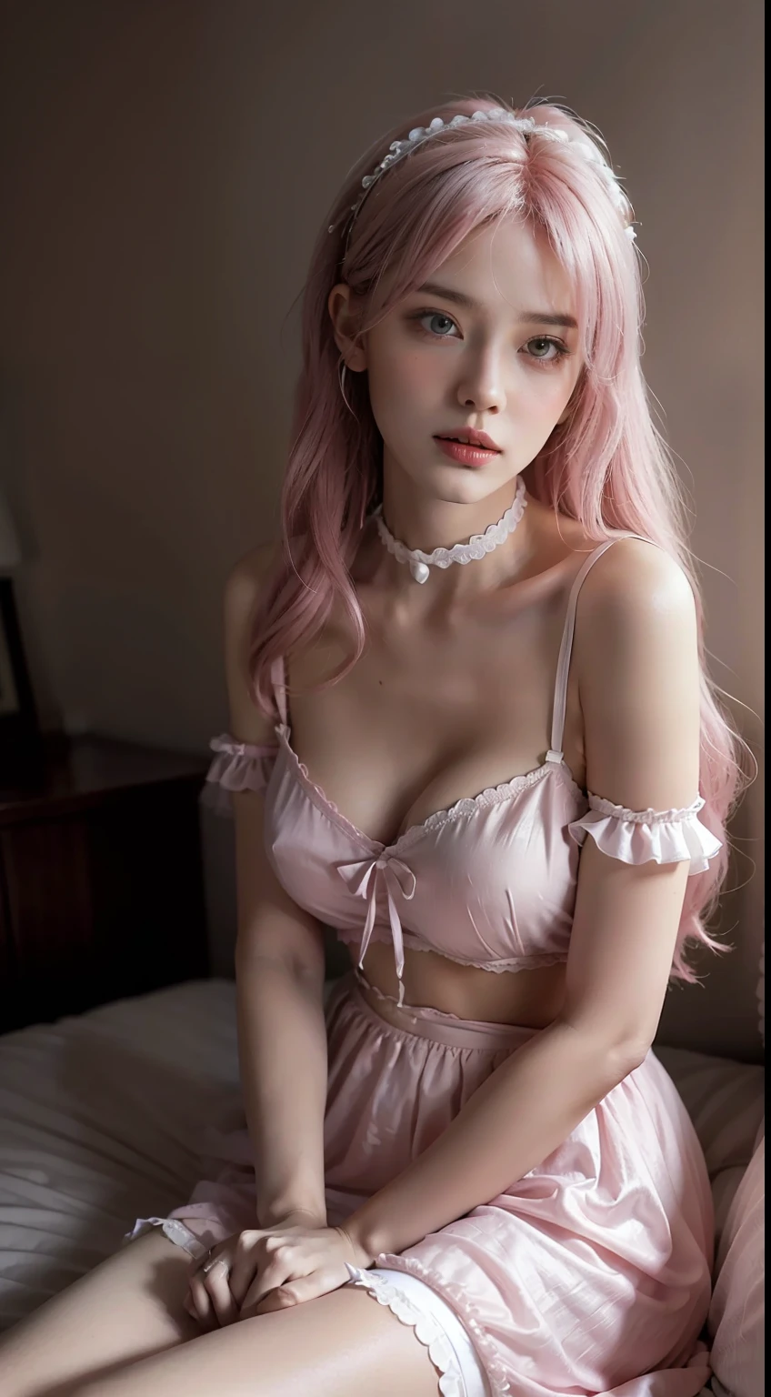 A 26-year-old female,Pink Long Hair,hair adornments,ear jewelry,Bigchest，navel， Big breasts Thin waist,Slim,effeminate,Background bokeh,鎖骨,Both shoulders，full face blush，Moaning，Shy，pain，torogao，Naughty，Silly,criss-cross halter,choker necklace,obi strip,(Pink Lolita costume costume),frilld ,lace-trimmed,whitet-shirt,upper legs,pleatedskirt，Beds，(8K, ........primitive, professional, best qualtiy, tmasterpiece: 1,2), (hentail realism, fotorealistisch: 1,37), Ultradetailliert, (25mm portrait wide angle), (Skin with the highest level of detail: 1,2), (The highest level of detail in the dial:1.2), cinmatic lighting, (ventania), natta, warm white light, looks into camera, Naughty Poses