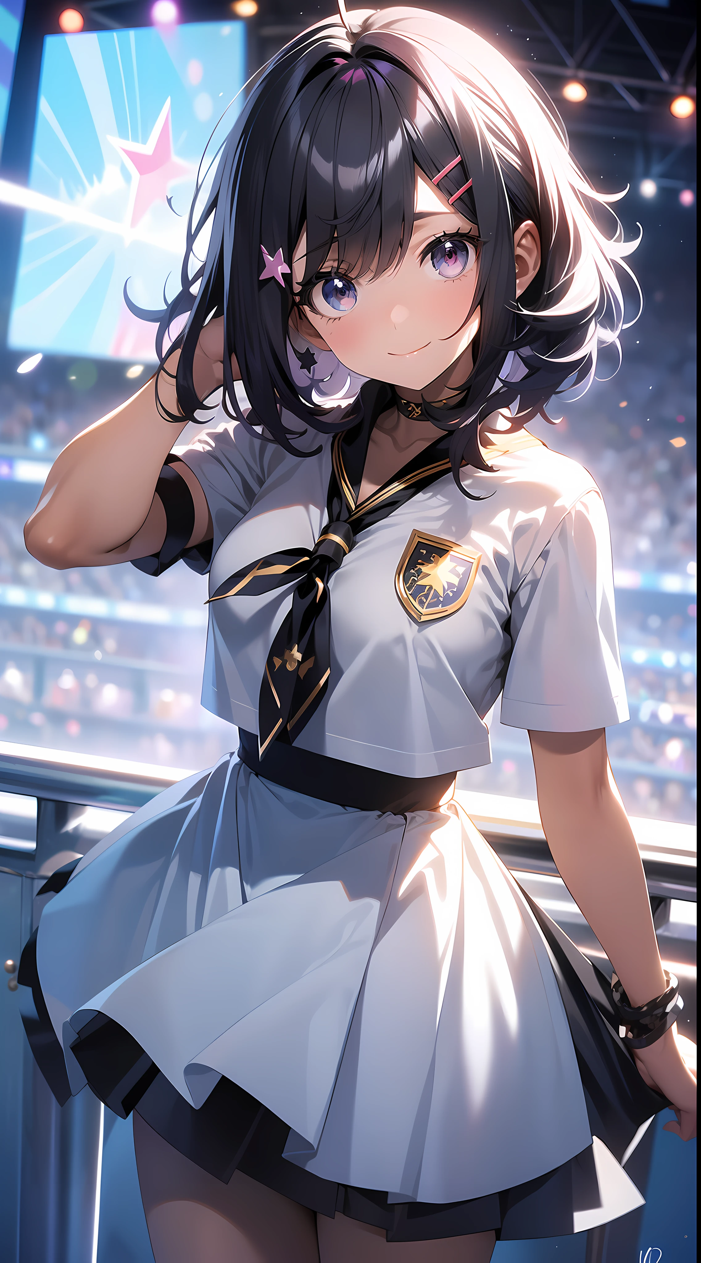 Asian cheerleaders dancing with big pom-poms in stadium stands、a closeup、tiny chest、Raw photography, top-quality, hight resolution, (​masterpiece), (Photorealsitic:1.4), professional photograpy, foco nítido, nffsw, 8K分辨率, intricate detailes, depth of fields, the Extremely Detailed CG Unity 8K Wallpapers, front lit, girl with, A smile、A slender、Korean style uniform、Peeking from below、(skinny thigh)、Wear a hat on your head、