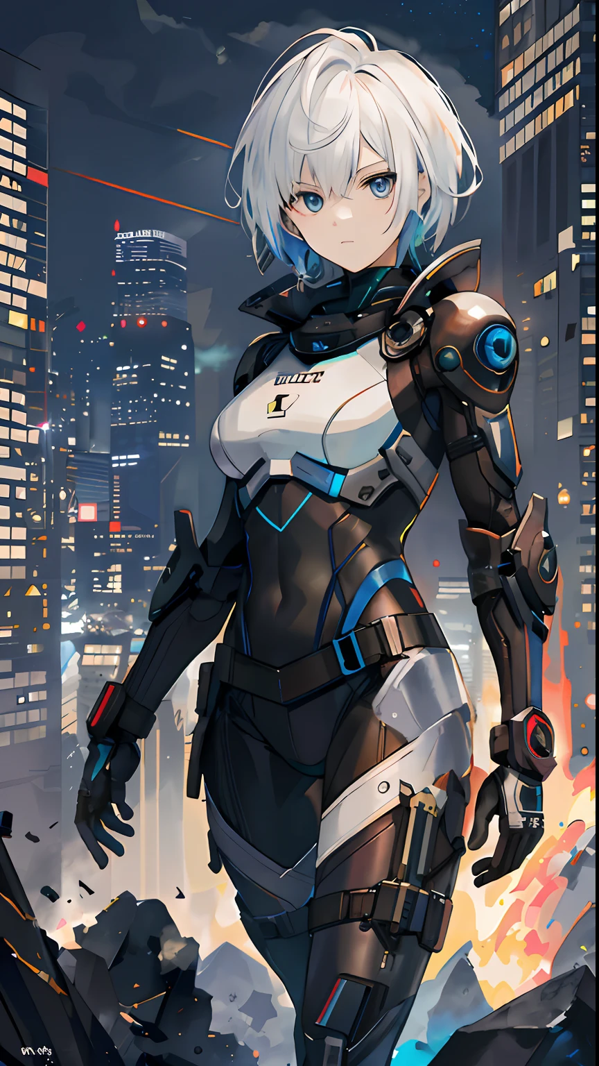 best qualityer，tmasterpiece，Ultimate resolution，downy，Extremely colorful，Colorful，Women combatants，a matural female，Short white hair，Dark blue eyes，Tight combat suit，tightsuit，With a belt，Steel City background，the night，Normal posture