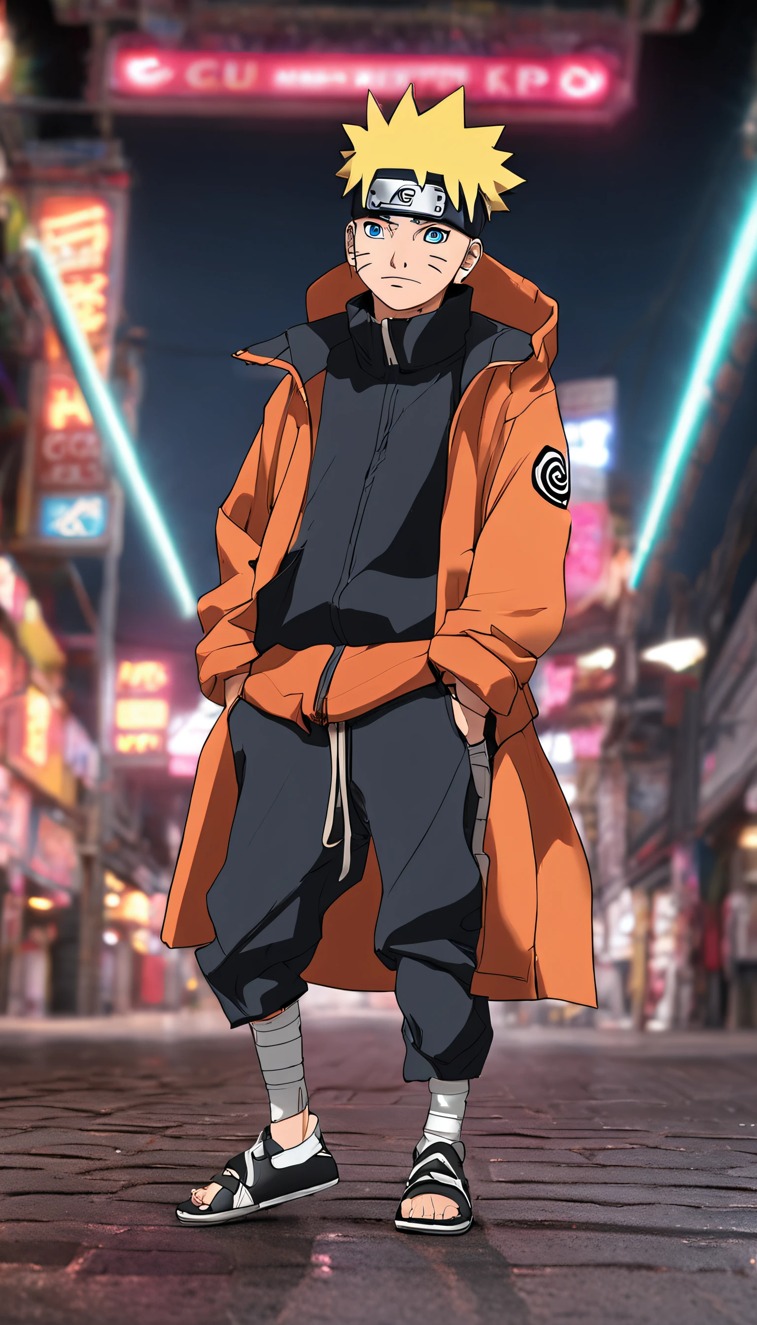 a handsome, dashing, young man in the manga series "Jujutsu Kaisen" named, Ita Dori Yuji" with his characteristic clothes, black hoodie, and red shoes, pink hair, with high quality anime photo resolution HD, 4K. with a sparkling background light, fantasy that saves the body, as well as dynamic effects, urban atmosphere, cyberpunk,.AND STANDING IN THE MIDDLE OF THE CITY while holding a katana.