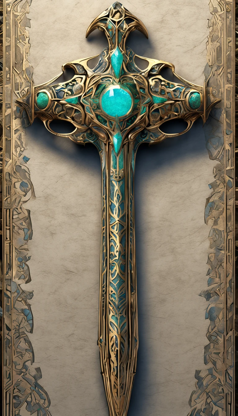 Excalibur, Mango exquisito, El cuerpo de la espada es delicado y exquisitamente ornamentado,(((The body of the sword is designed with blue opal and light green particle effect alien patterns..:1.3))), borde, (The body of the sword is symmetrically ornamented:1.3), (The entire Excalibur blade is centered:1.3), Primer plano de rango medio,(Silueta general:1.3),(Fantastic landscape painting:1.2), Ultra photo realism, Super-fino, 8k, Fondos de pantalla premium, the highest picture quality, ..3D,c4d, Obras maestras maestras, Renderizado de octanaje