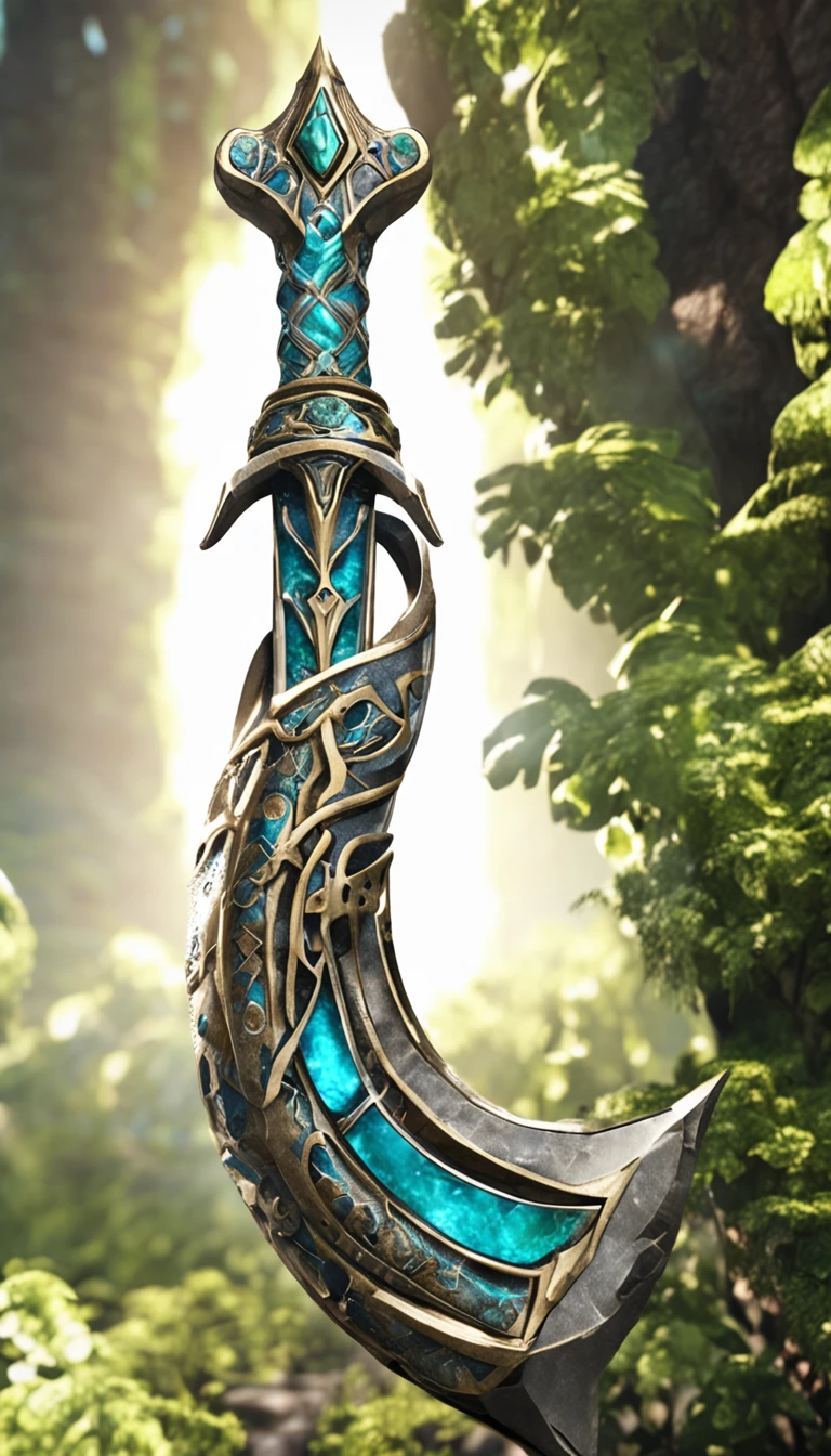 Excalibur, Mango exquisito, El cuerpo de la espada es delicado y exquisitamente ornamentado,(((The body of the sword is designed with blue opal and light green particle effect alien patterns..:1.3))), borde, (The body of the sword is symmetrically ornamented:1.3), (The entire Excalibur blade is centered:1.3), Primer plano de rango medio,(Silueta general:1.3),(Fantastic landscape painting:1.2), Ultra photo realism, Super-fino, 8k, Fondos de pantalla premium, the highest picture quality, ..3D,c4d, Obras maestras maestras, Renderizado de octanaje