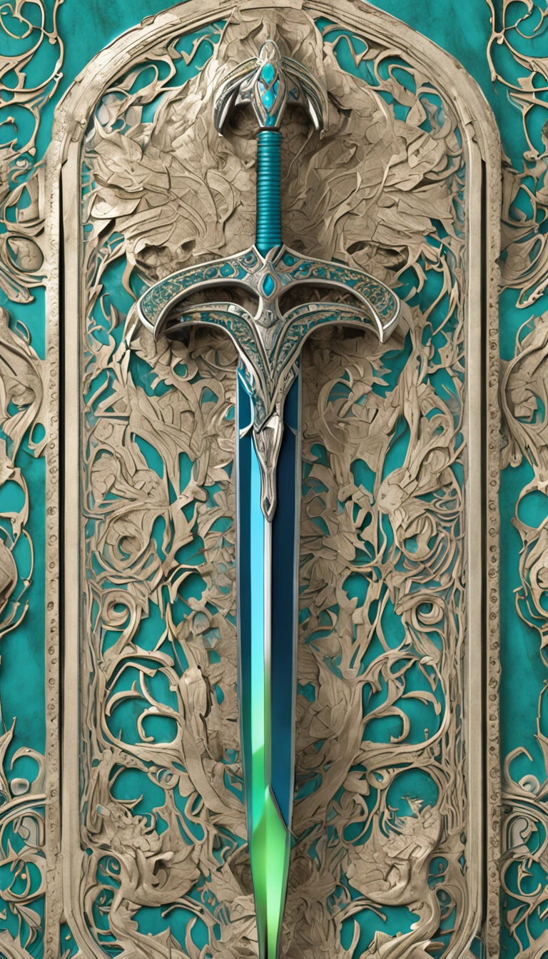 Excalibur, Mango exquisito, El cuerpo de la espada es delicado y exquisitamente ornamentado,(((The body of the sword is designed with blue opal and light green particle effect alien patterns..:1.3))), borde, (The body of the sword is symmetrically ornamented:1.3), (The entire Excalibur blade is centered:1.3), Primer plano de rango medio,(Silueta general:1.3),(Fantastic landscape painting:1.2), Ultra photo realism, Super-fino, 8k, Fondos de pantalla premium, the highest picture quality, ..3D,c4d, Obras maestras maestras, Renderizado de octanaje
